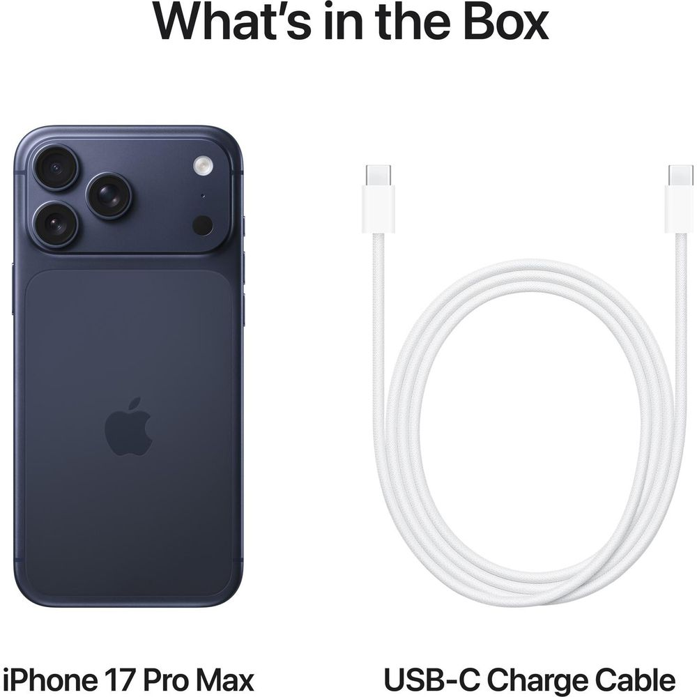 Ciemnoniebieski iPhone 17 Pro Max obok białego kabla ładującego USB-C.