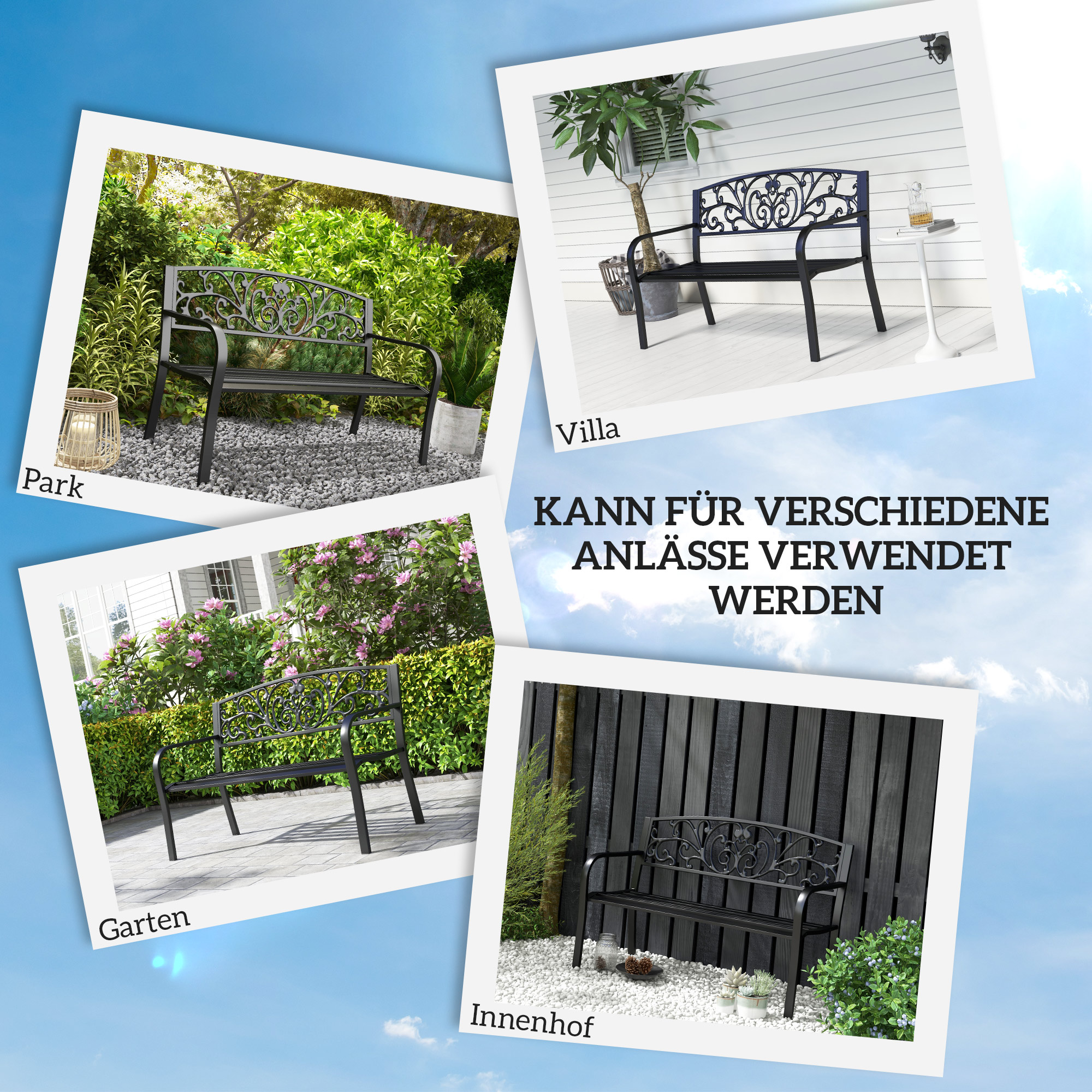 Mehrere Szenen mit schwarzer Gartenbank: Park, Villa, Garten, Innenhof.