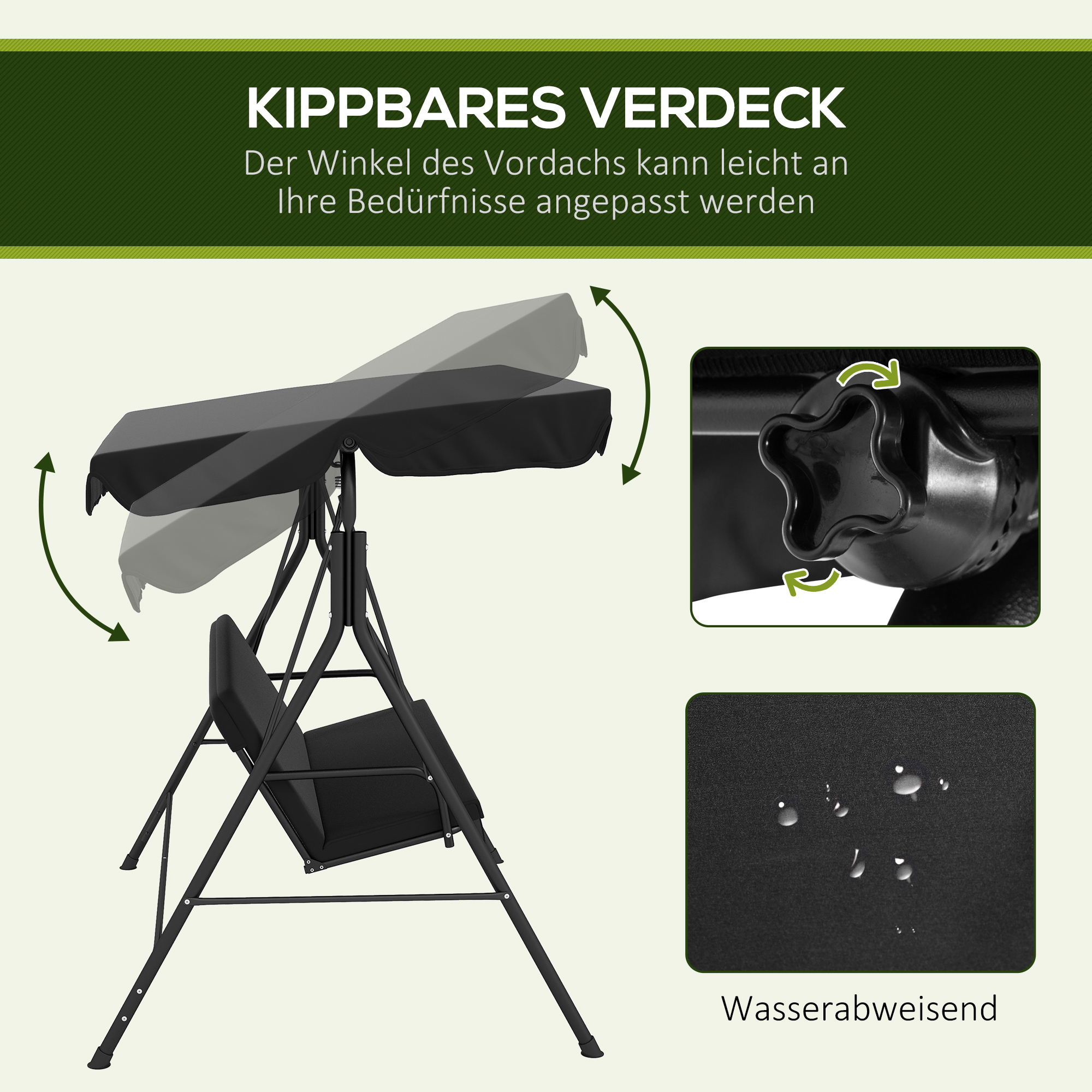 Schwarze Schaukel mit verstellbarem Verdeck und Wasserperlen