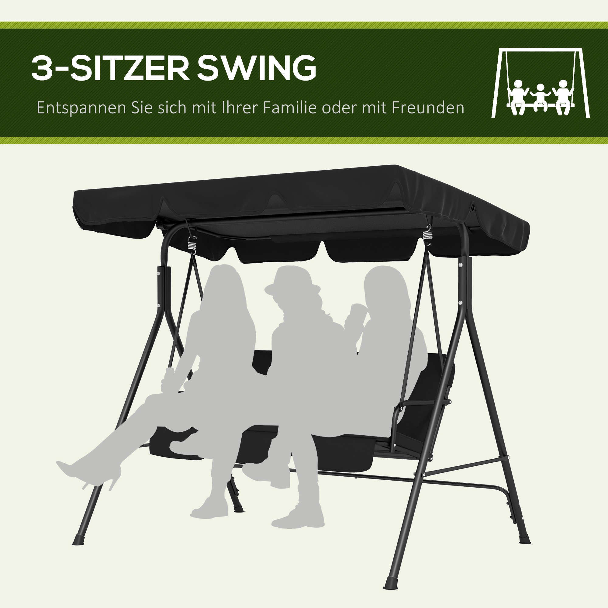 Schwarze 3-Sitzer-Schaukel mit Sonnendach und drei Silhouetten von Personen.