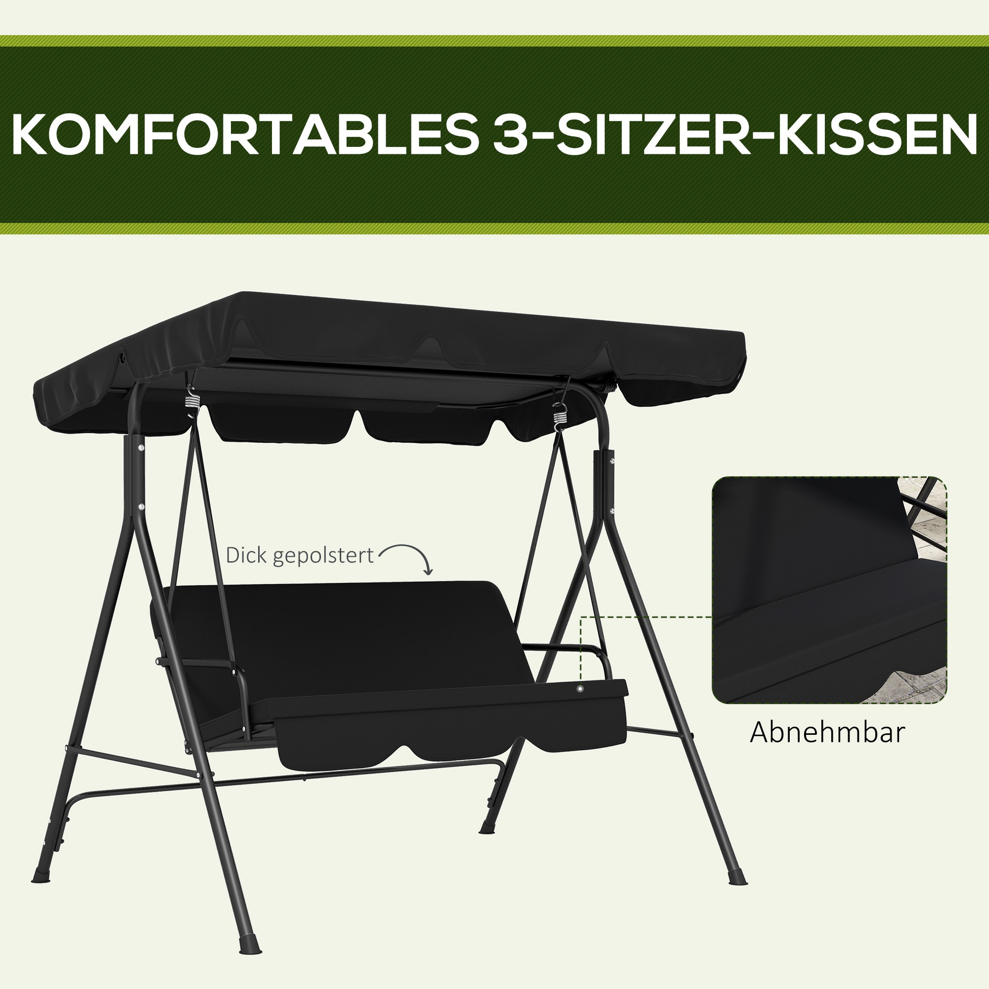 Schwarze 3-Sitzer-Schaukel mit Dach und dicker Polsterung.