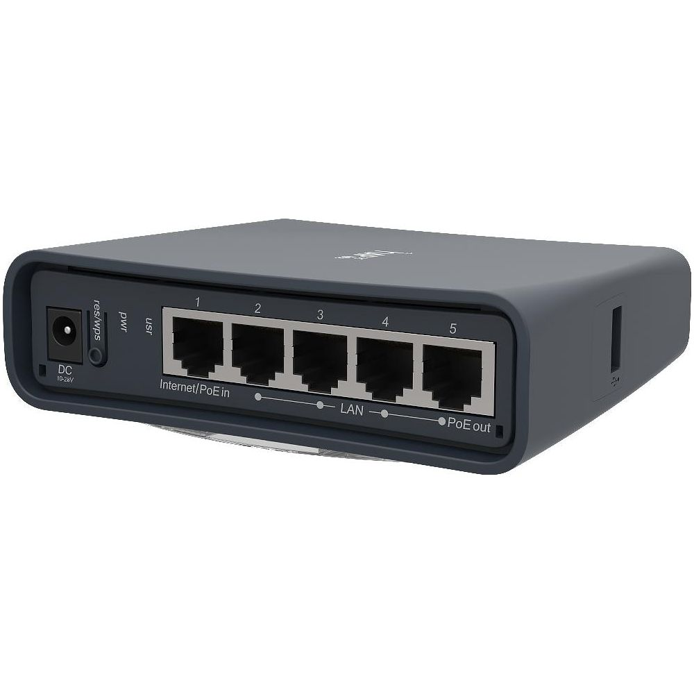 Szary router z 5 portami Ethernet, gniazdem DC i przyciskiem zasilania.