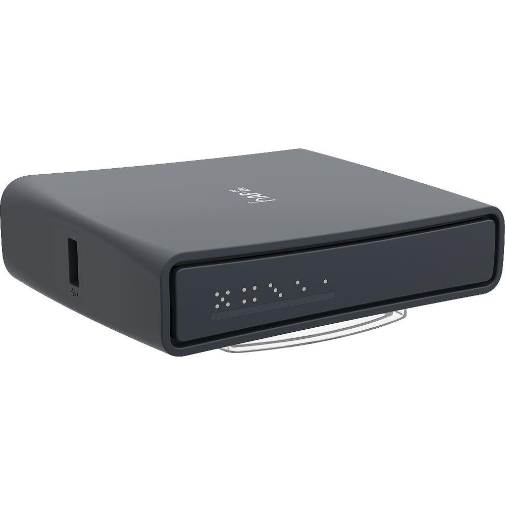 Ciemny, prostokątny router sieciowy ze wskaźnikami świetlnymi z przodu.