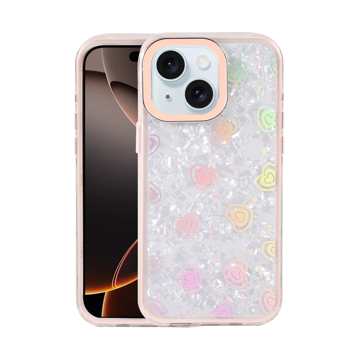Pastel kalp ve yıldız desenli şeffaf telefon kılıfı. Pembe kenarlık.
