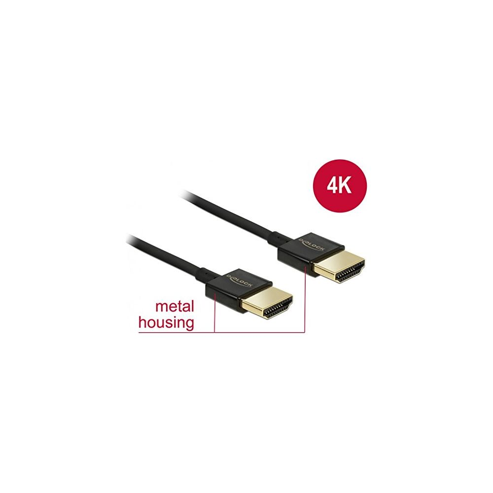 A black HDMI cable with gold connectors and a 4K label.