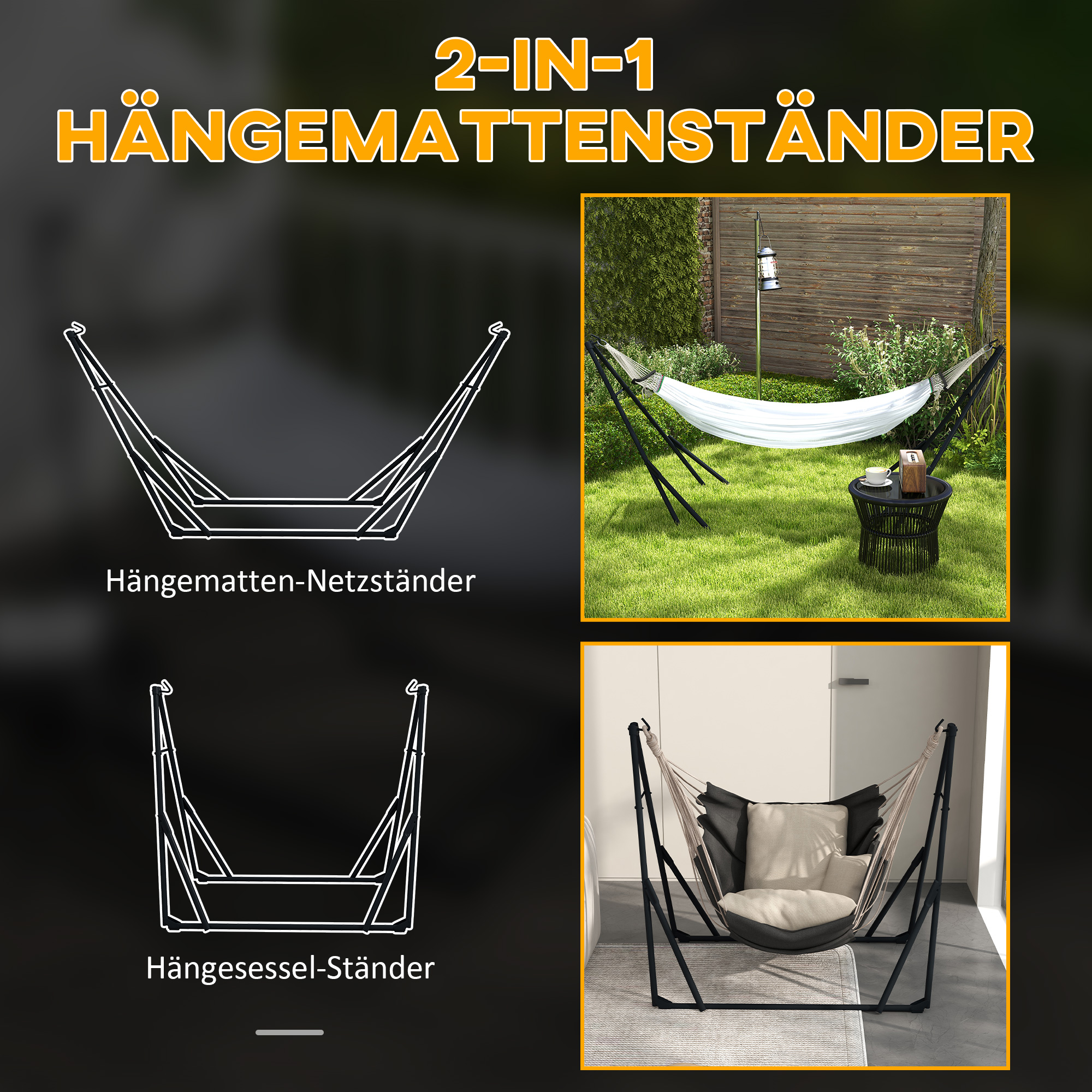2-in-1 Hängemattenständer: Außen mit Hängematte, innen mit Hängesessel.