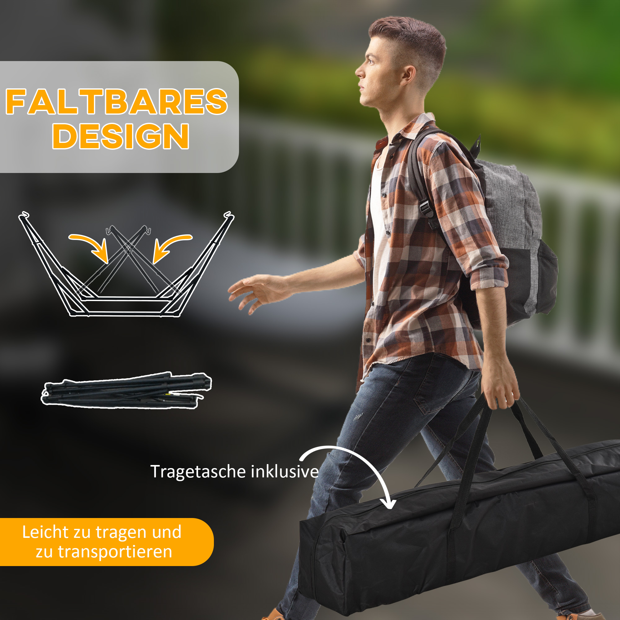 Mann mit Rucksack trägt schwarze Tasche. Faltbares Design.