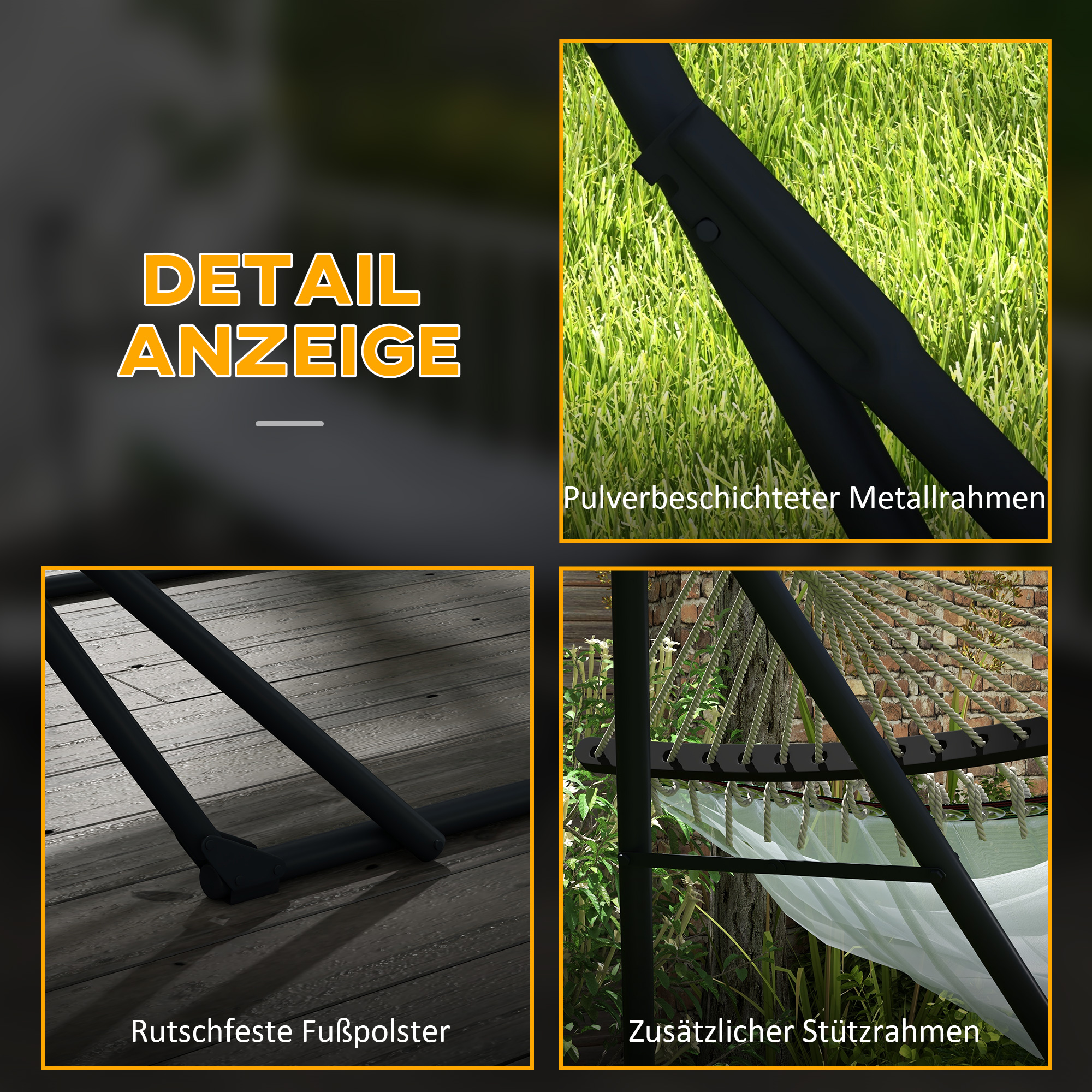 Detailansicht: Pulverbeschichteter Metallrahmen, rutschfeste Fußpolster und zusätzlicher Stützrahmen.