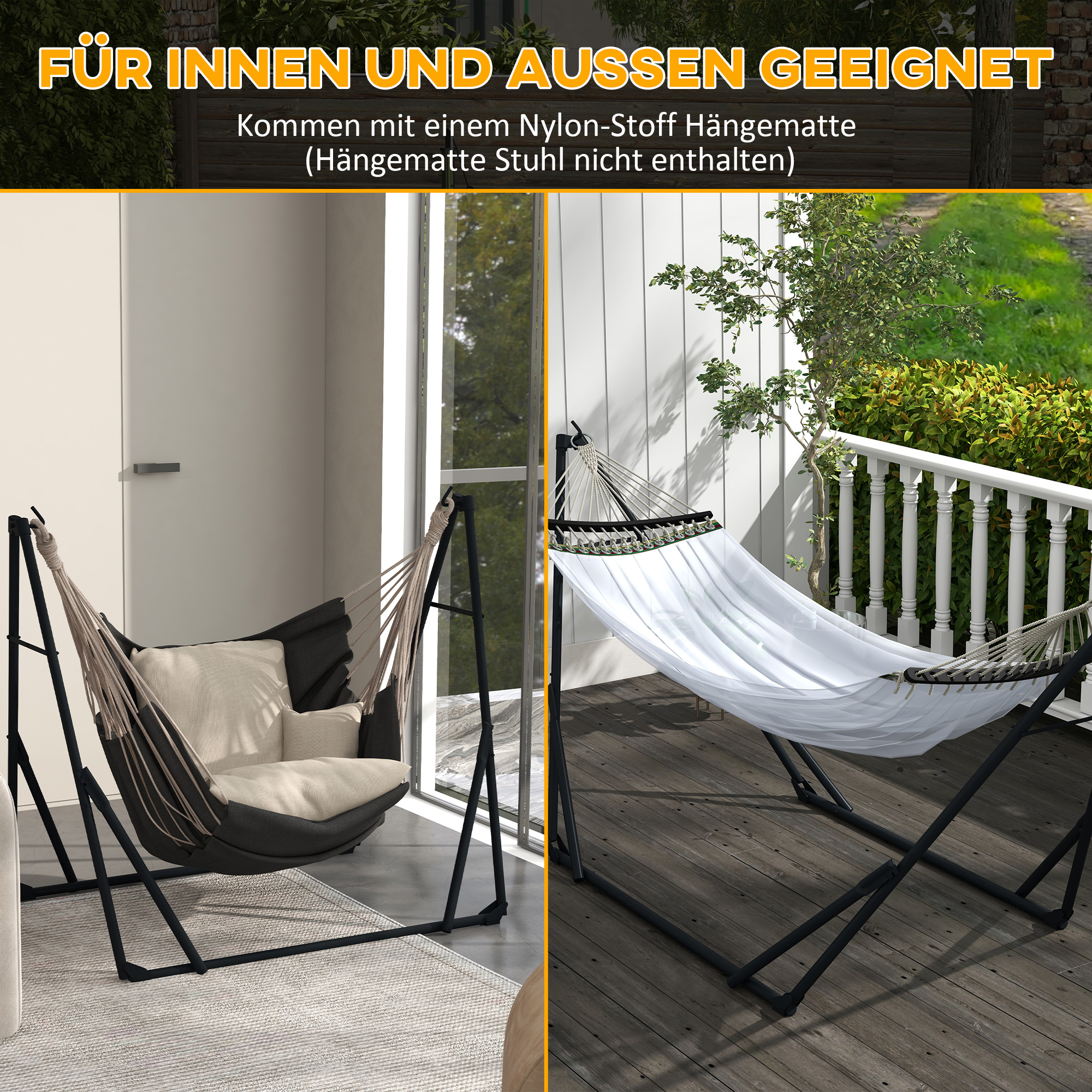 Zwei Hängemattenstühle mit schwarzem Gestell. Einer drinnen, einer draußen.