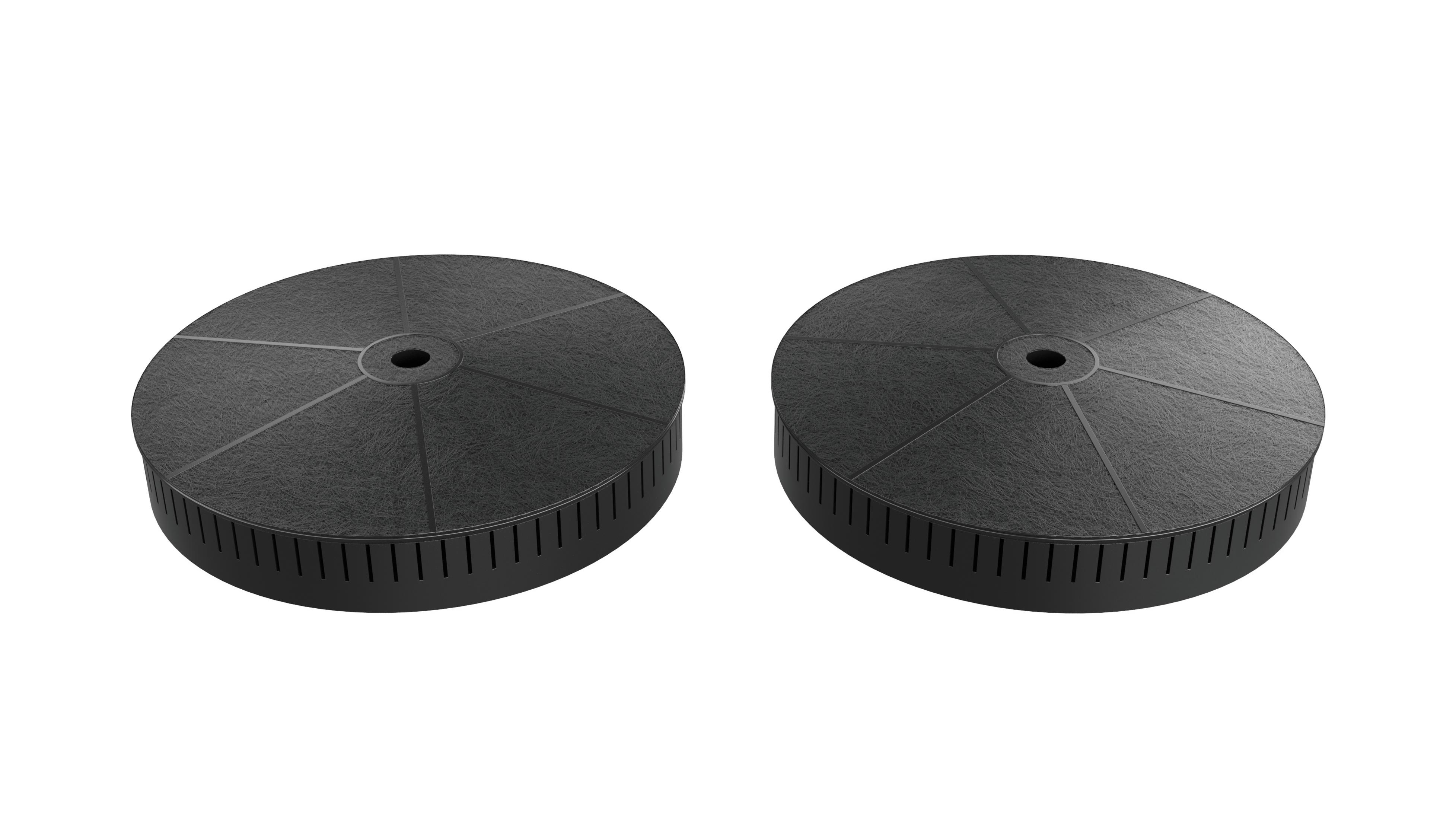 Dwa okrągłe, ciemne filtry z węglem aktywnym z otworami wentylacyjnymi po bokach.