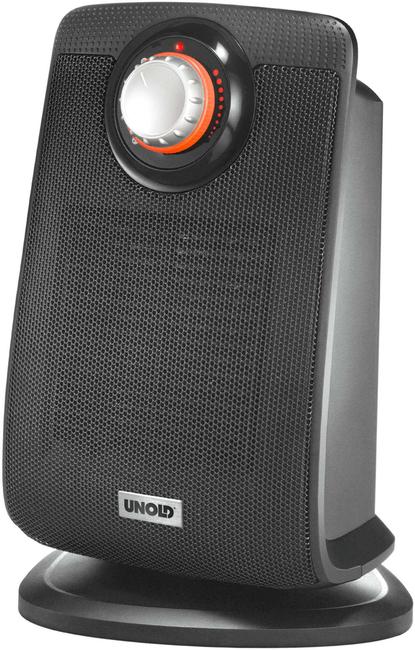 Czarny grzejnik UNOLD z srebrnym pokrętłem i czerwoną diodą LED.