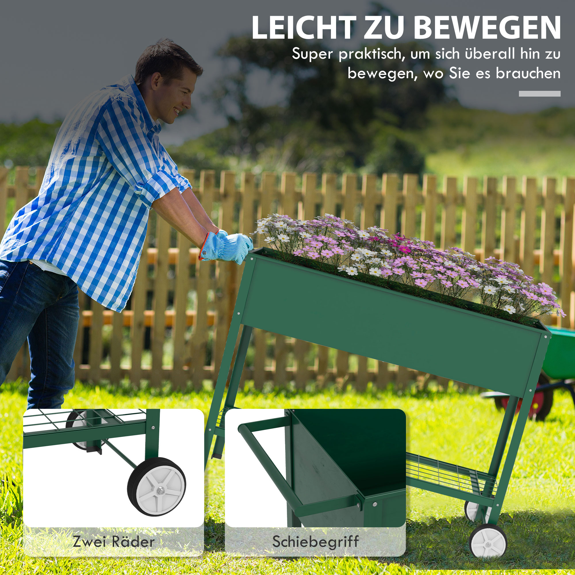 Ein Mann schiebt einen grünen Hochbeetwagen mit Blumen auf Rädern.