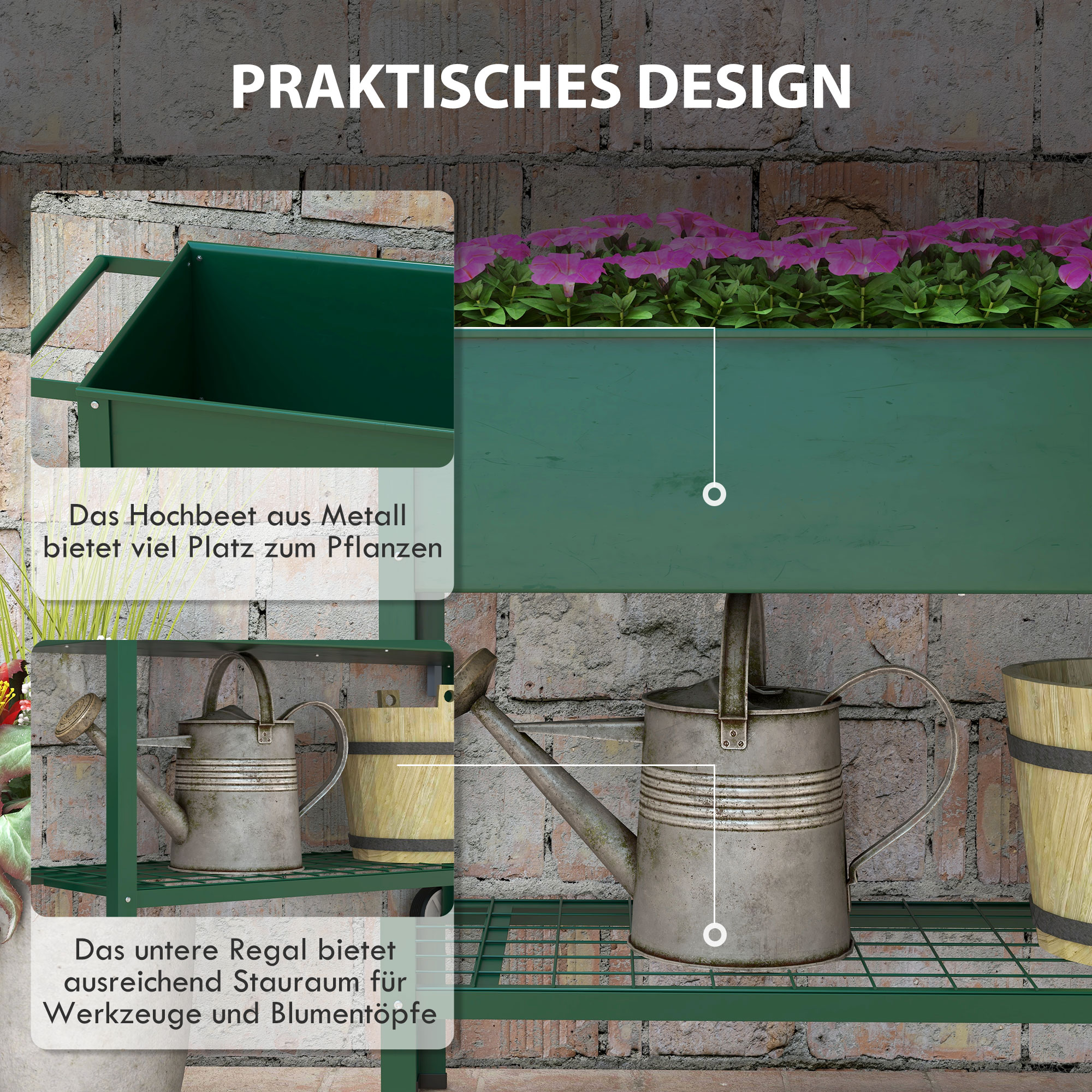 Grünes Metall-Hochbeet mit pinken Blumen, Gießkannen und Holzeimern.