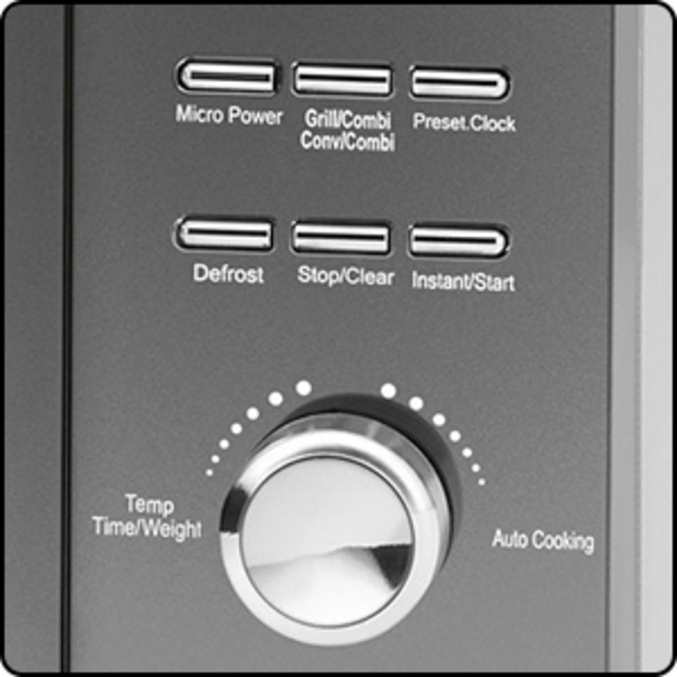 Panel sterowania kuchenki mikrofalowej z przyciskami i pokrętłem.