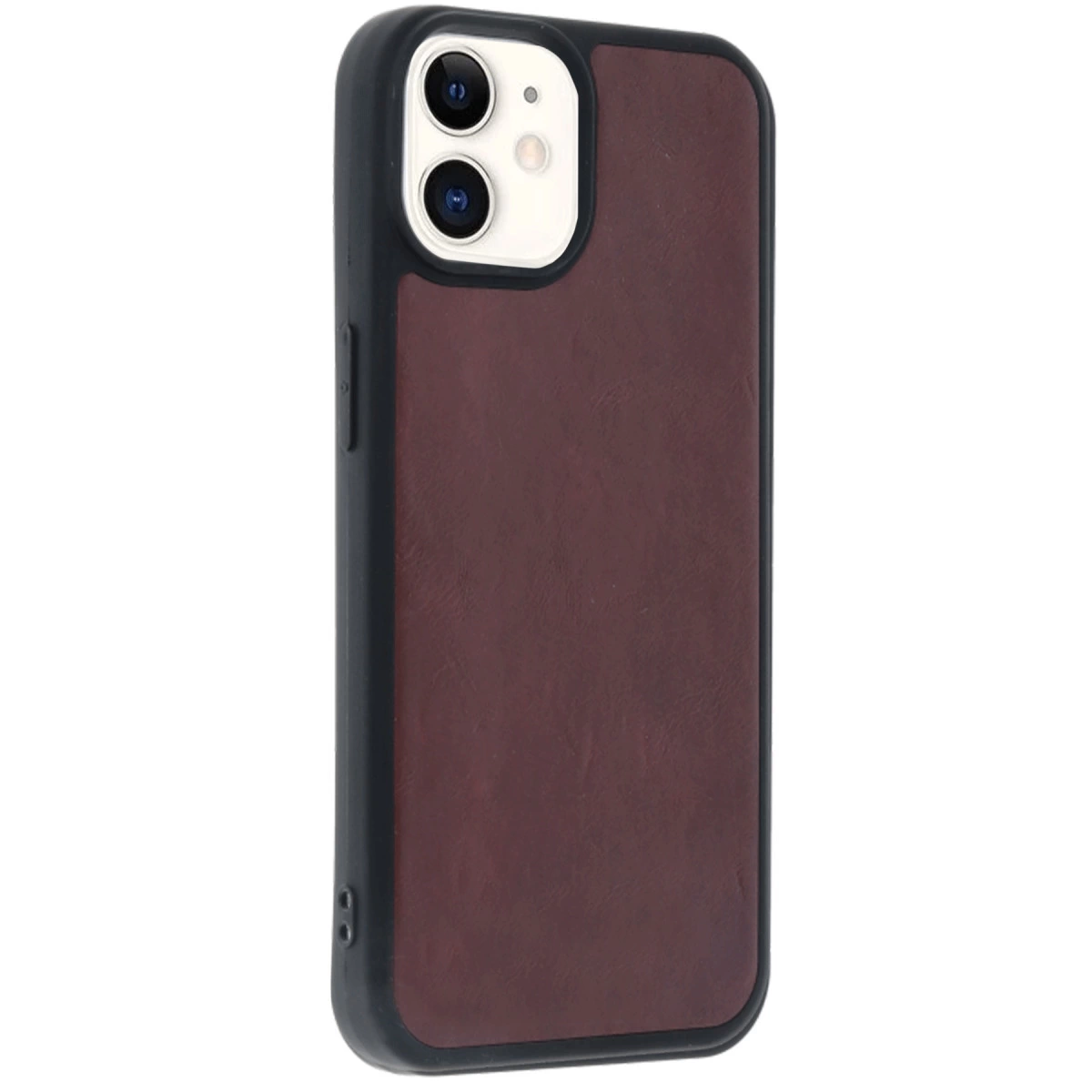 Siyah çerçeveli, kamera oyuklu koyu kırmızı iPhone kılıfı.