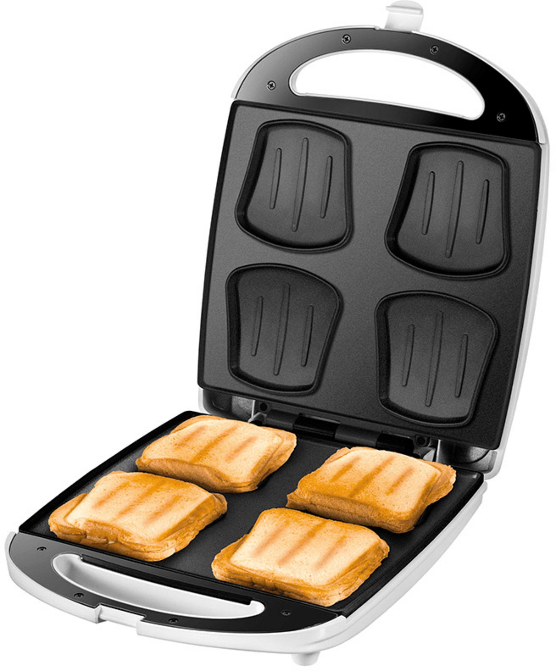 Otwarta opiekaczka do kanapek z czterema złocistymi kanapkami na dolnej płycie.