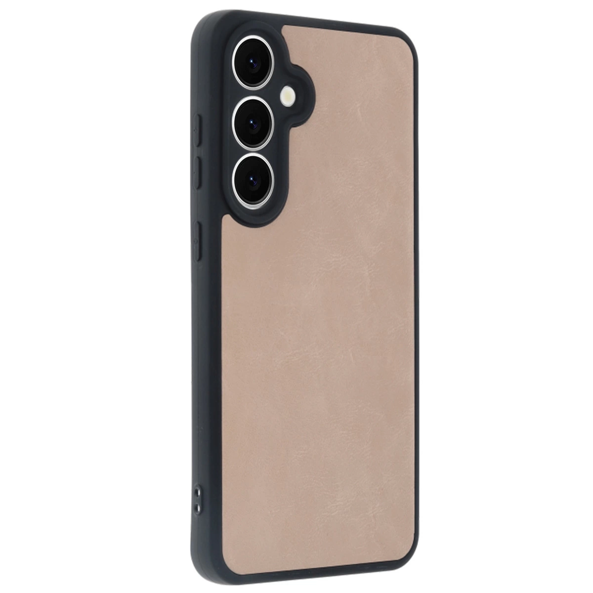 Üç kameralı, bej arka panelli telefon kılıfı.