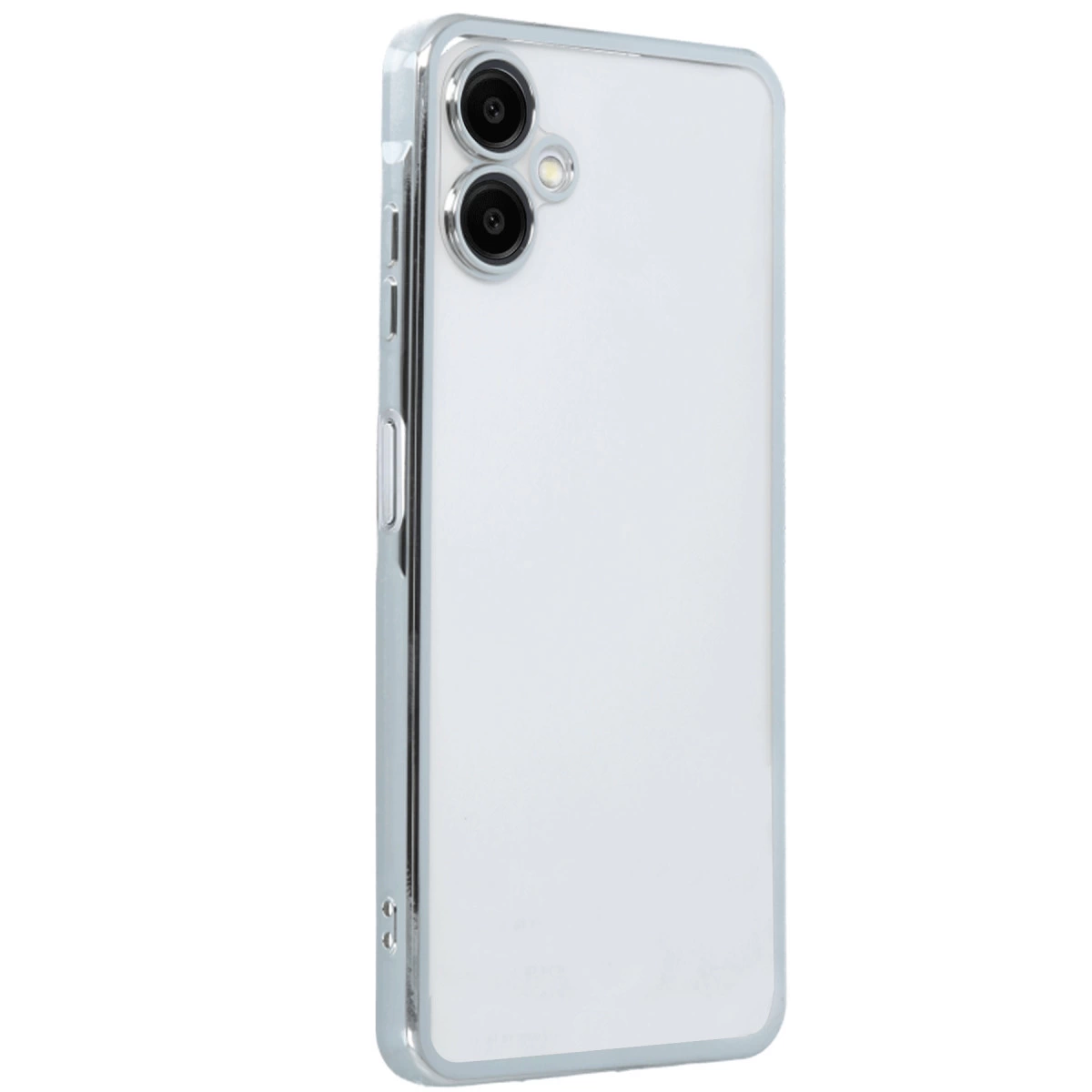 Gümüş kenarlı şeffaf telefon kılıfı. Sol üstte iki kamera görünüyor.