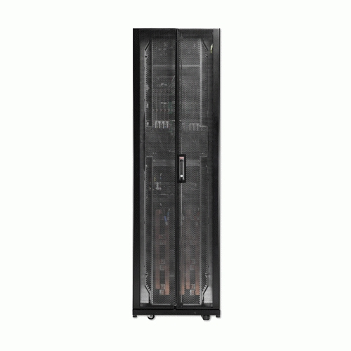 Ein hoher, schmaler schwarzer Serverschrank mit durchbrochenen Türen und sichtbaren Komponenten.