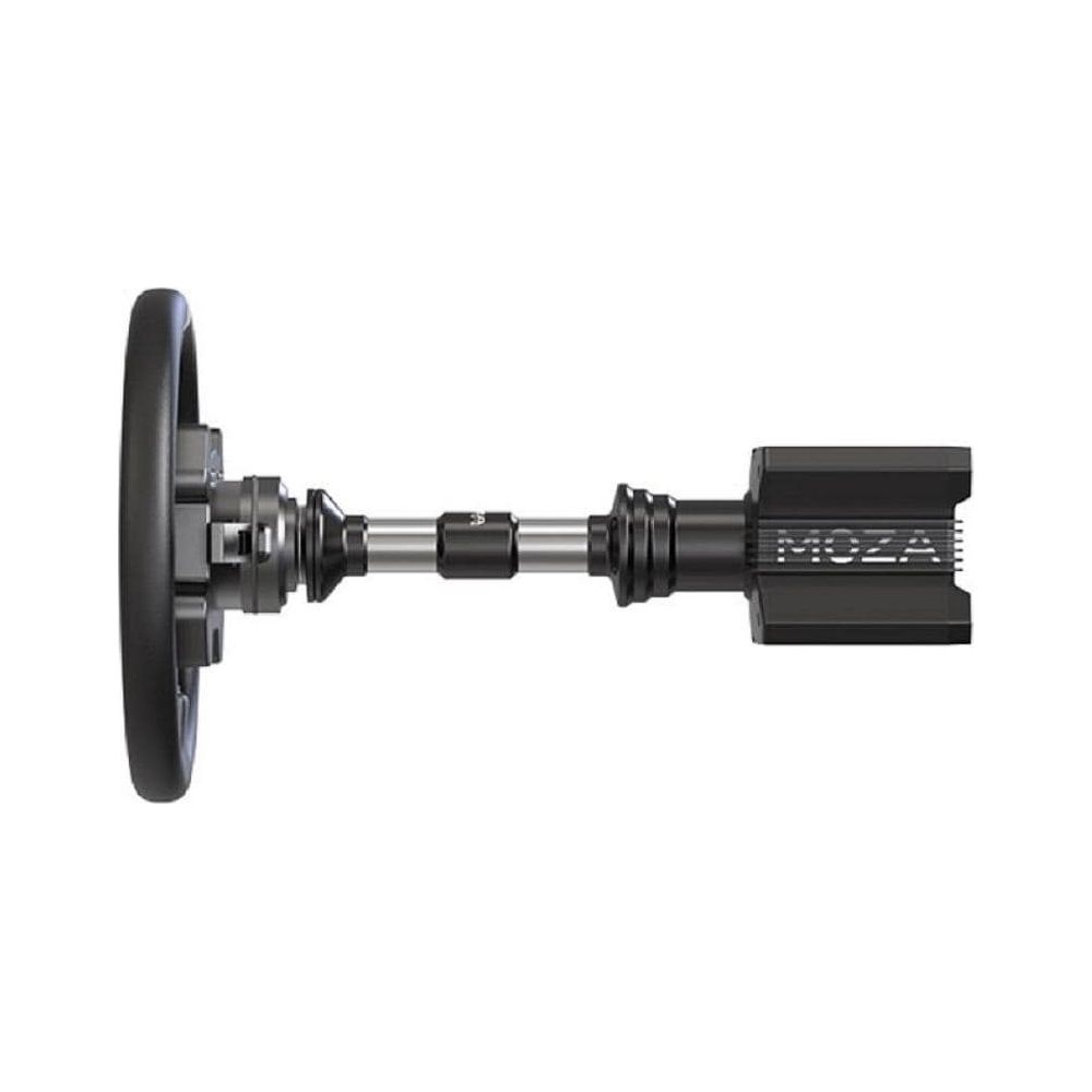 Volante nero con mozzo argento e corpo nero. Logo MOZA.