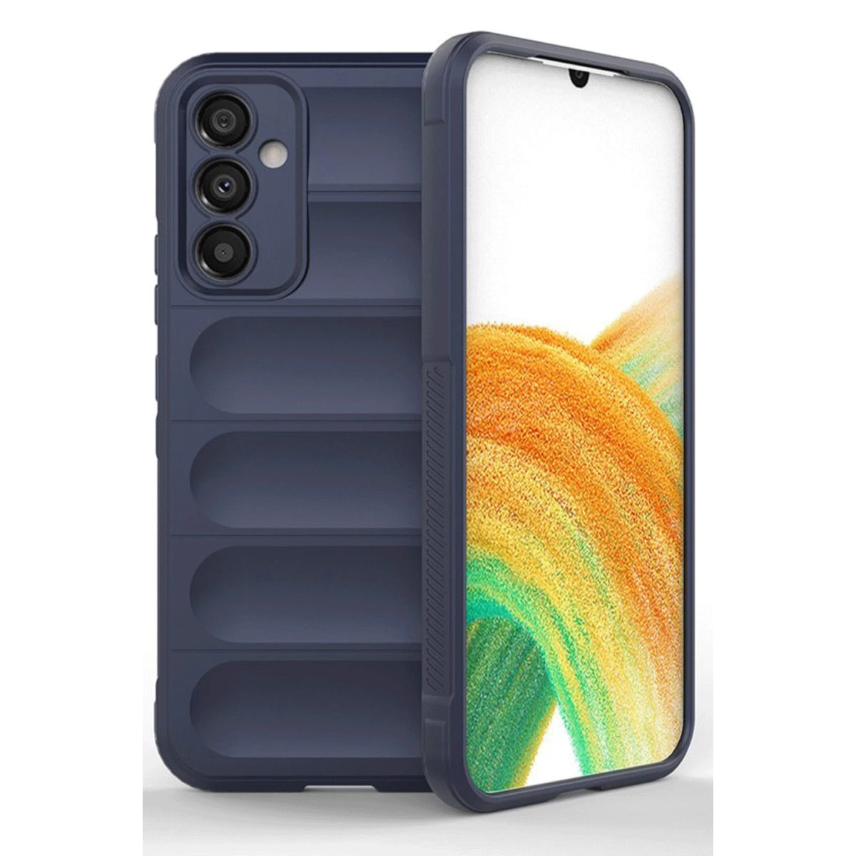 Koyu mavi telefon kılıfı, girintili oluklar ve üç kameraya sahip.