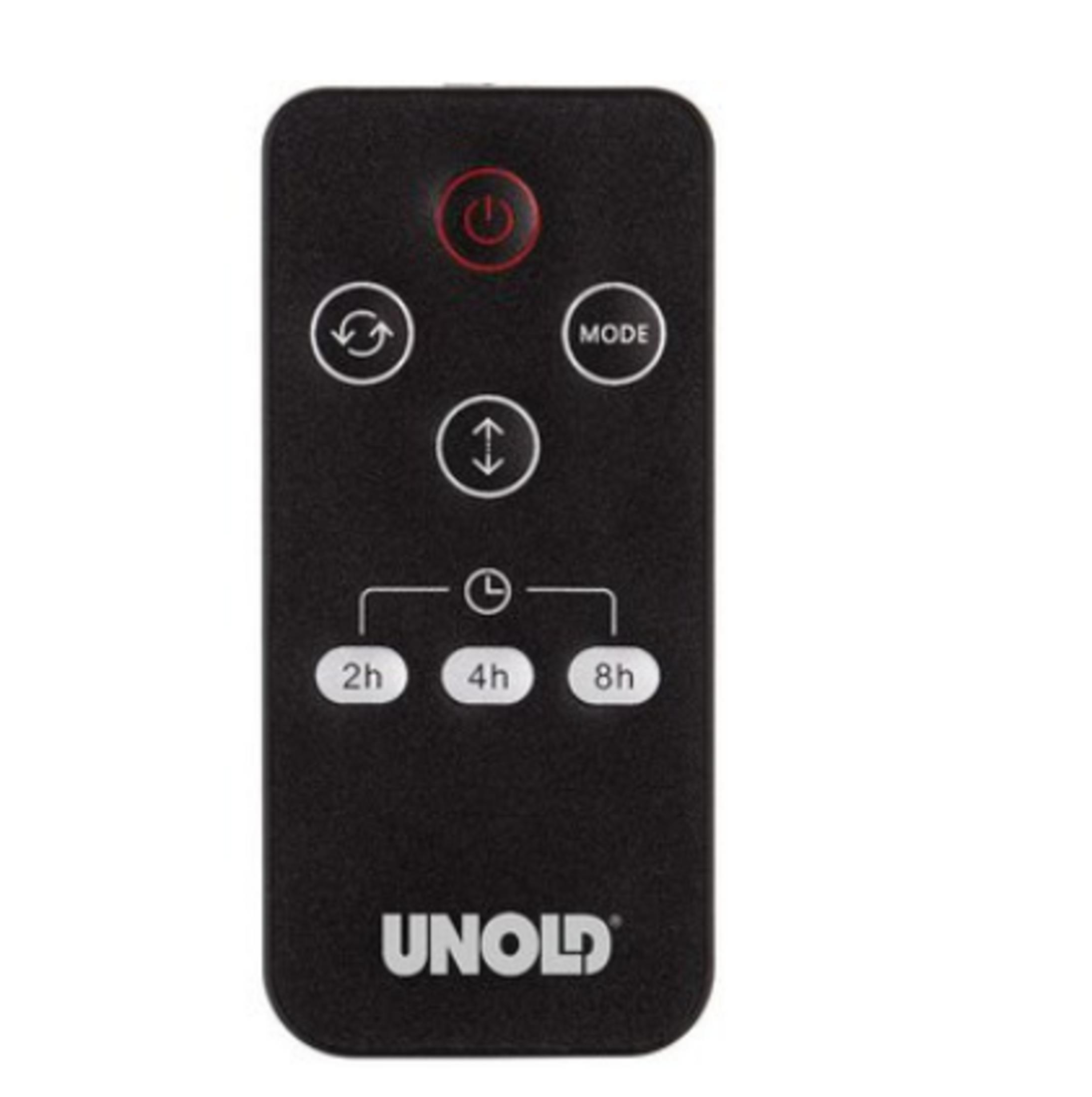 Czarny pilot z ikonami zasilania, trybu, timera i regulacji głośności.