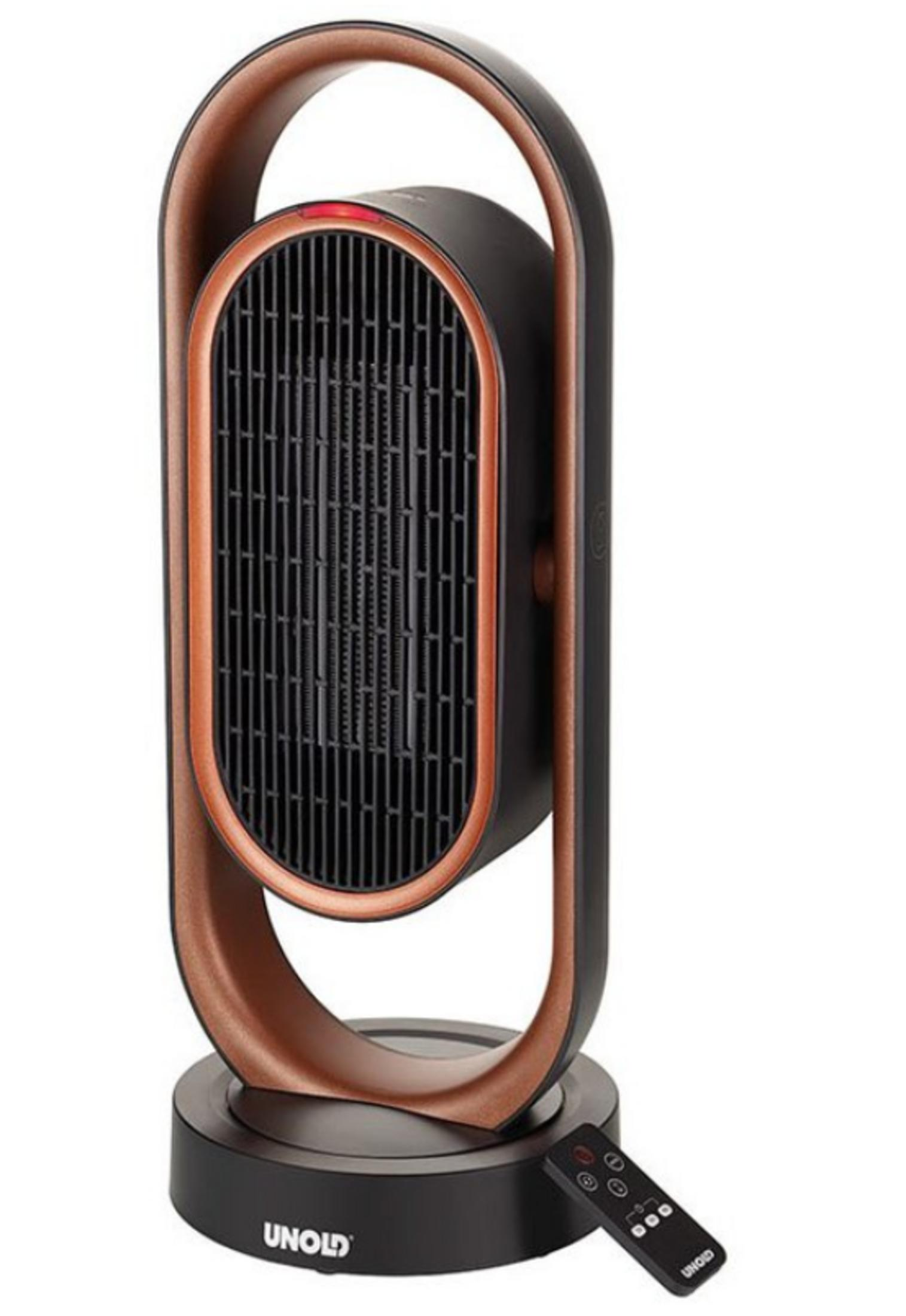 Czarny grzejnik wieżowy z miedzianą ramką i pilotem.