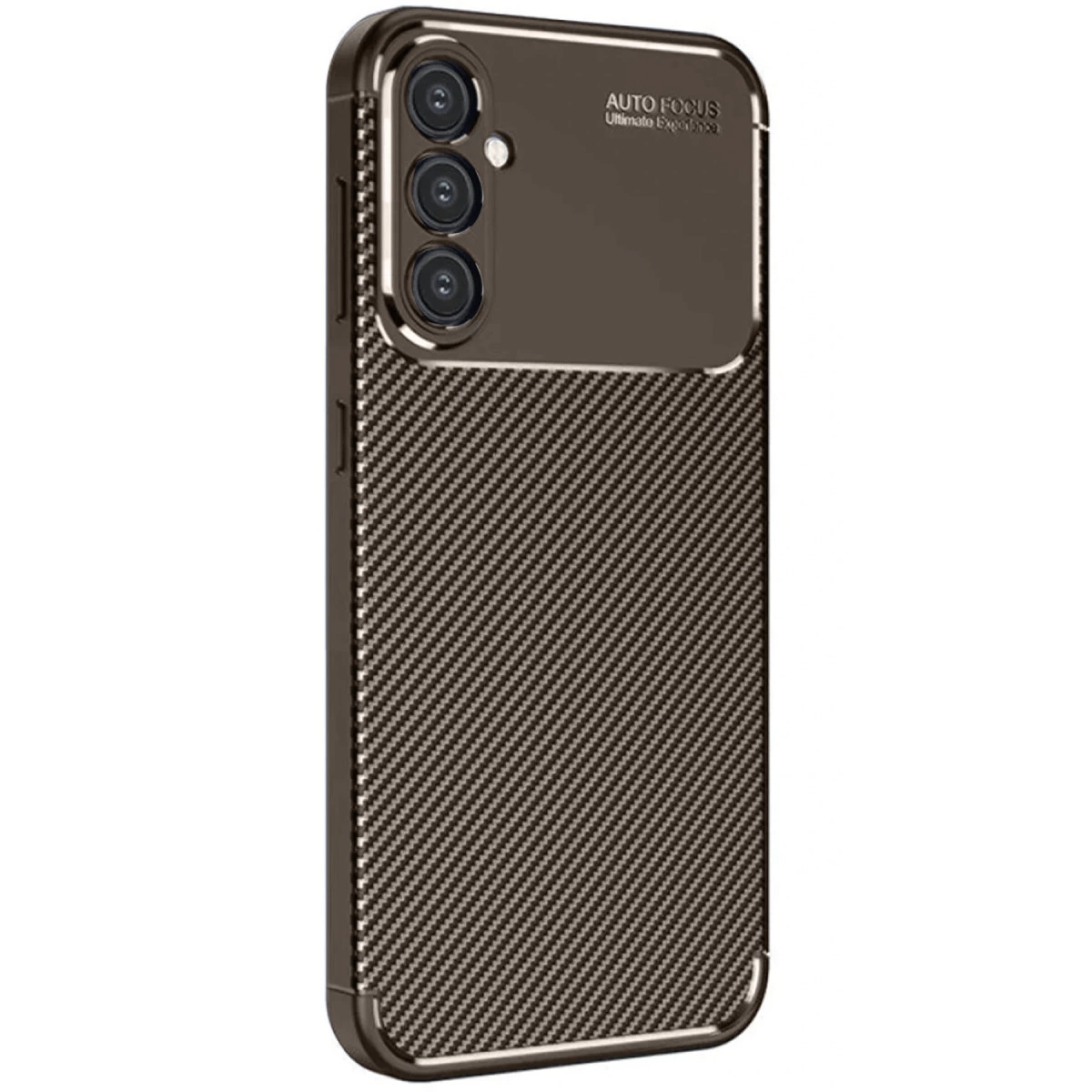Karbon desenli, üç kameralı koyu gri telefon kılıfı.
