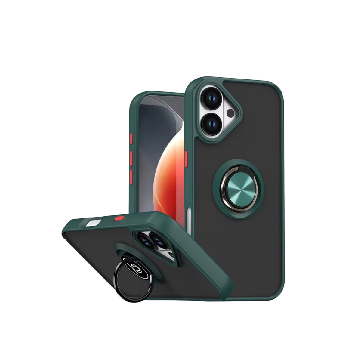 Halka tutuculu ve siyah arka panelli koyu yeşil telefon kılıfı.