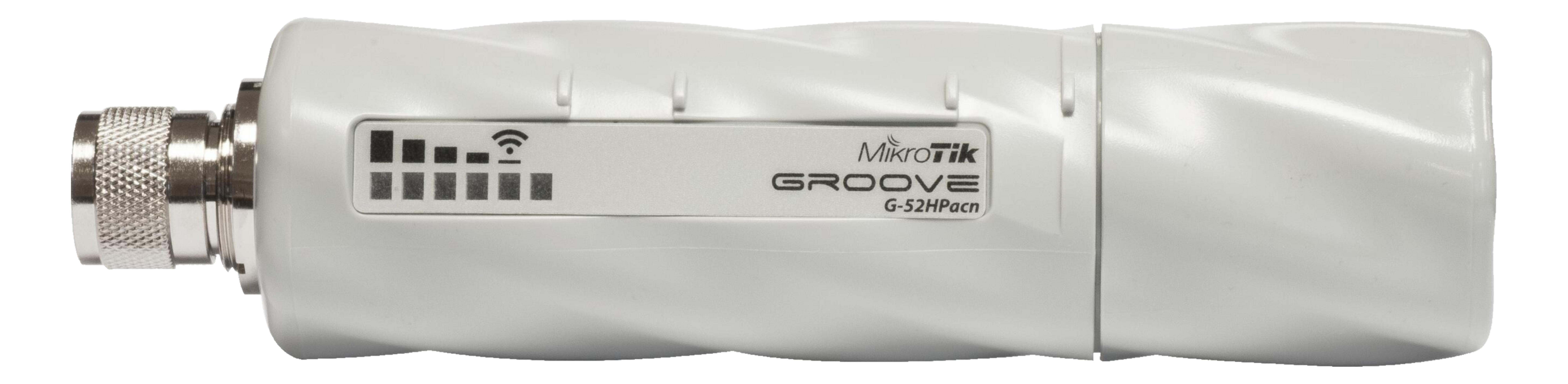 Un dispositivo Mikrotik Groove G-52Hpacn bianco con connettore argentato e barre di segnale.