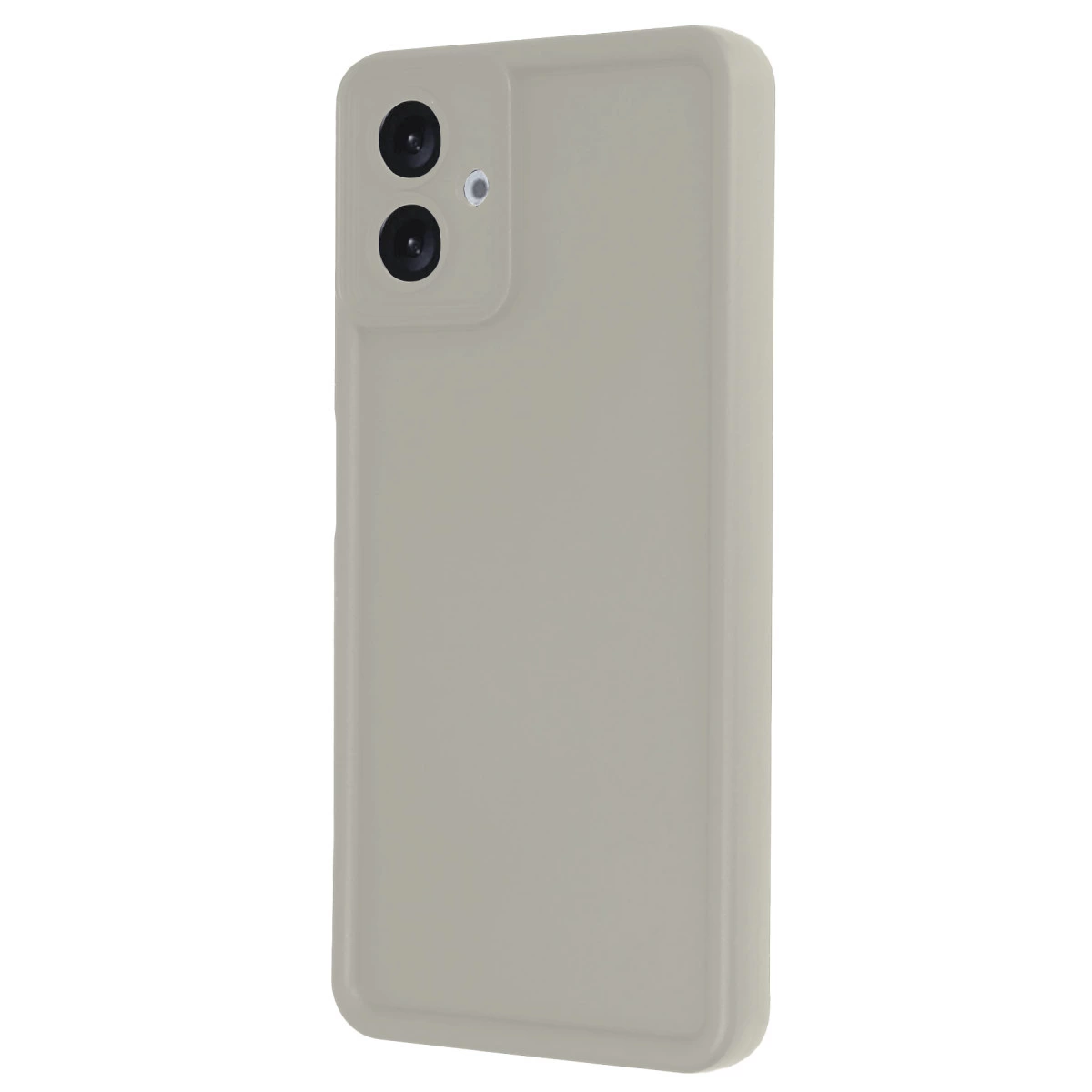 Arkada iki kamera lensi bulunan açık gri telefon kılıfı.