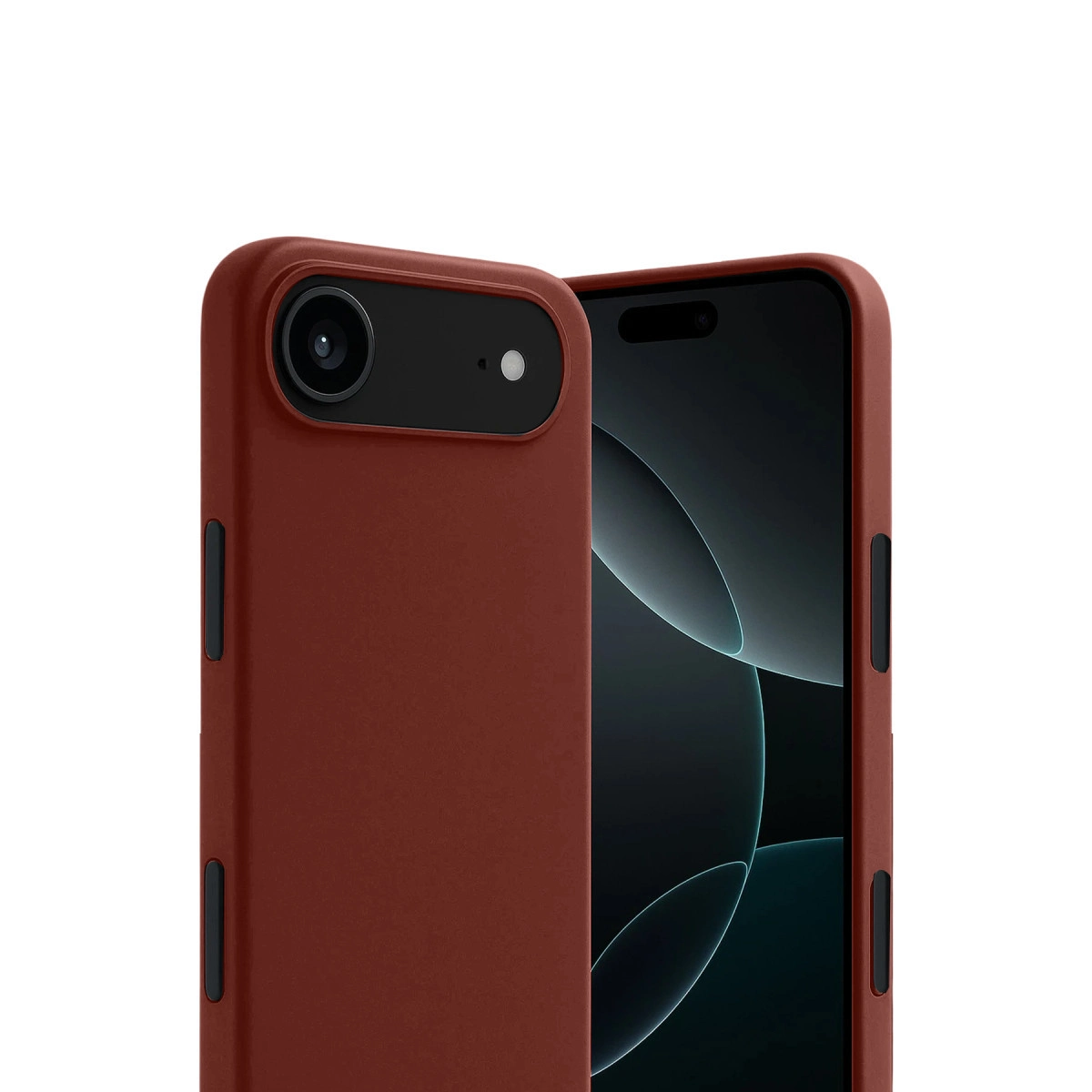 Yan yana iki kızıl kahverengi telefon kılıfı, biri odaklanmış, kamera modülleri.