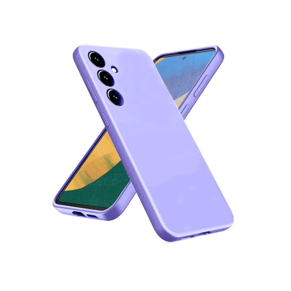 Beyaz arka planda iki lavanta rengi telefon kılıfı.
