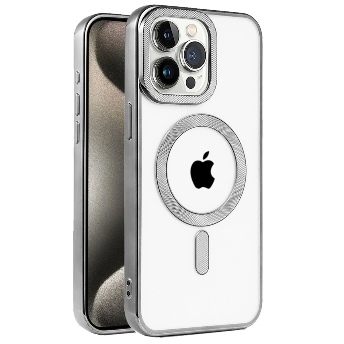 Gümüş çerçeveli ve kamera modüllü beyaz iPhone.