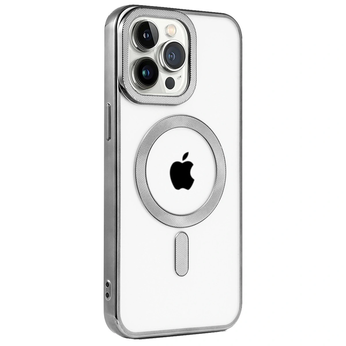 Gümüş çerçeveli ve arkasında Apple logosu bulunan şeffaf telefon kılıfı.