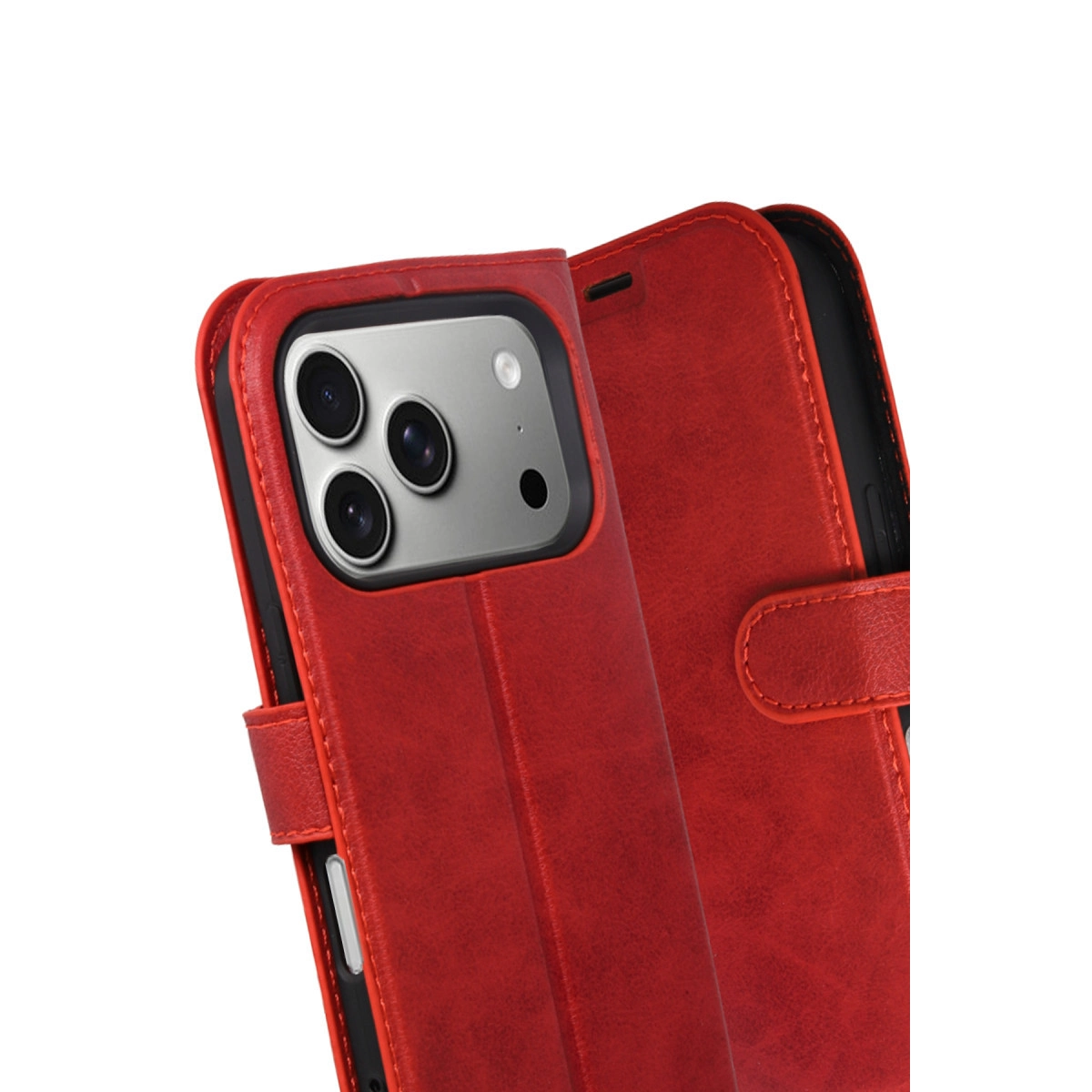 Kamera modüllü ve manyetik kapaklı kırmızı deri iPhone kılıfı.