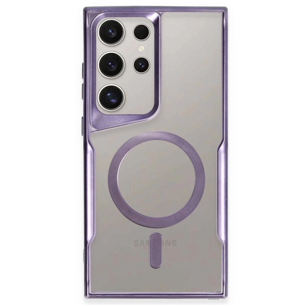 Kamera lensleri ve manyetik halkalı mor telefon kılıfı. Samsung logosu görünür.