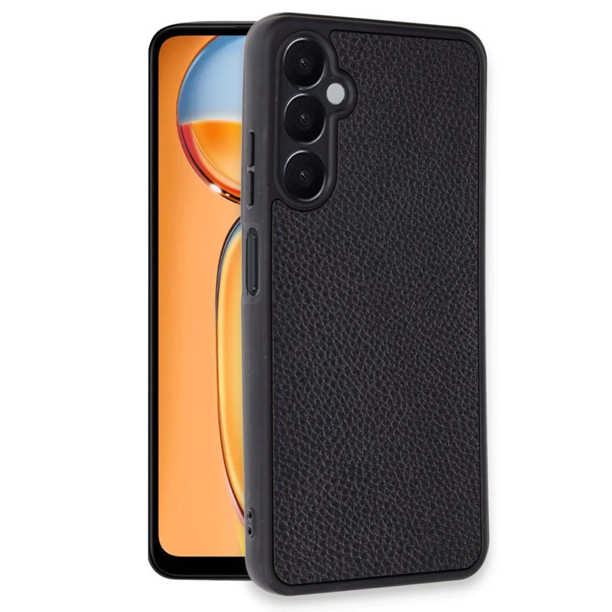Turuncu ekranda kamera çıkıntılı, siyah, dokulu deri telefon kılıfı.