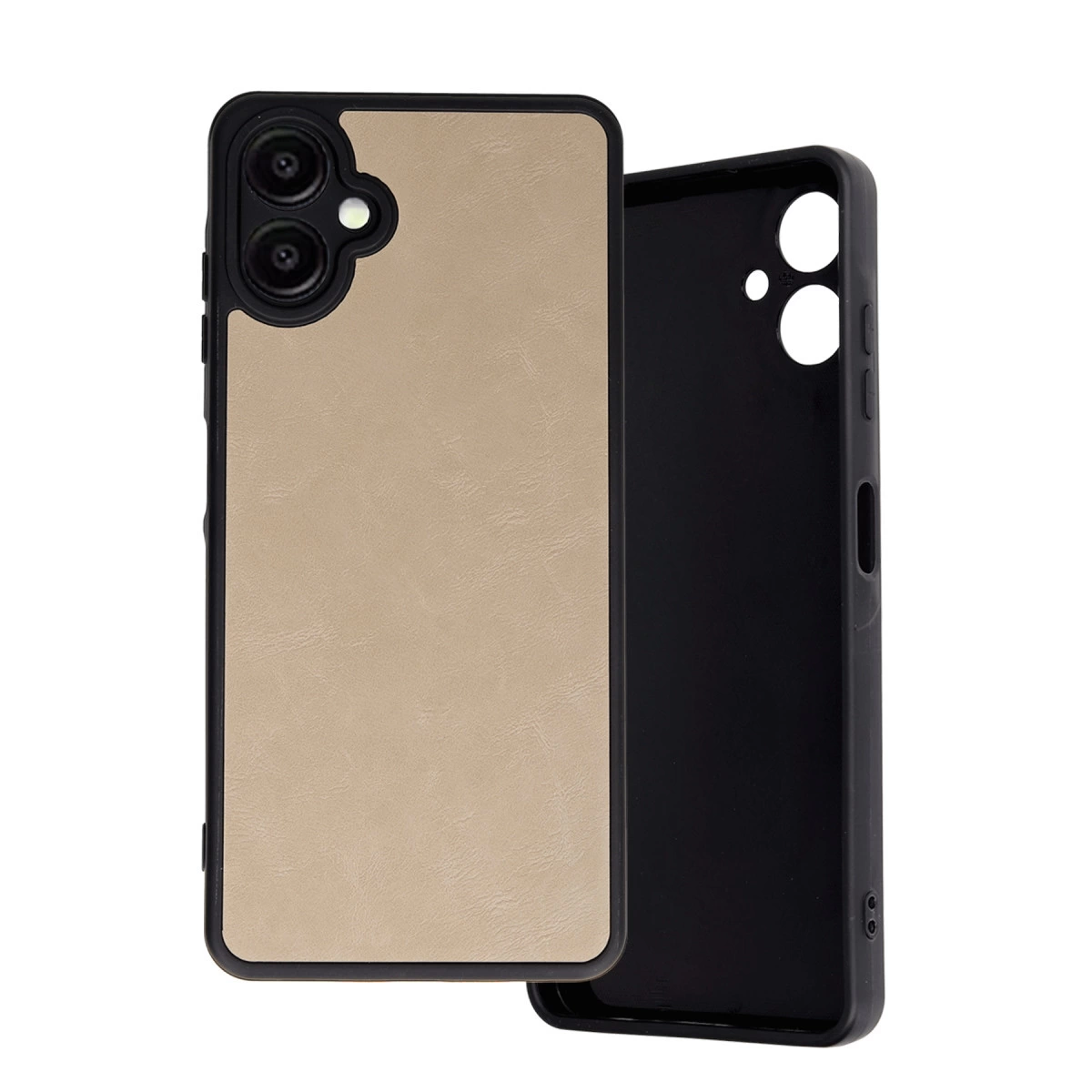 Siyah kenarlı bej telefon kılıfı, siyah bir telefon kılıfının yanında duruyor.