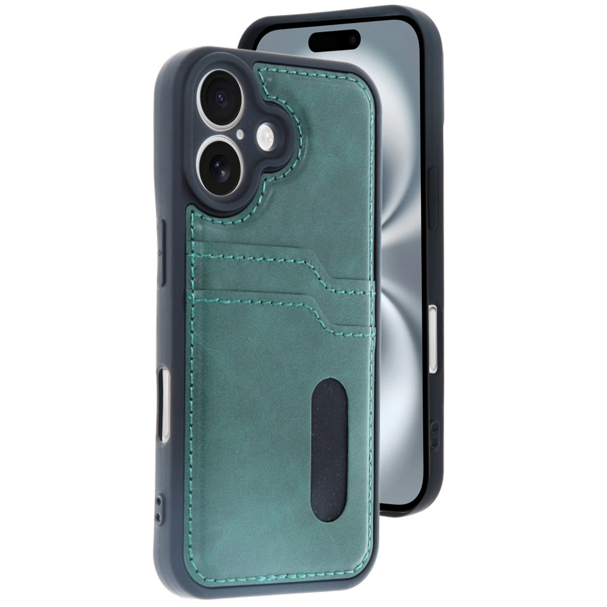 Yeşil deri kartlıklı koyu gri iPhone kılıfı, yakın çekim.