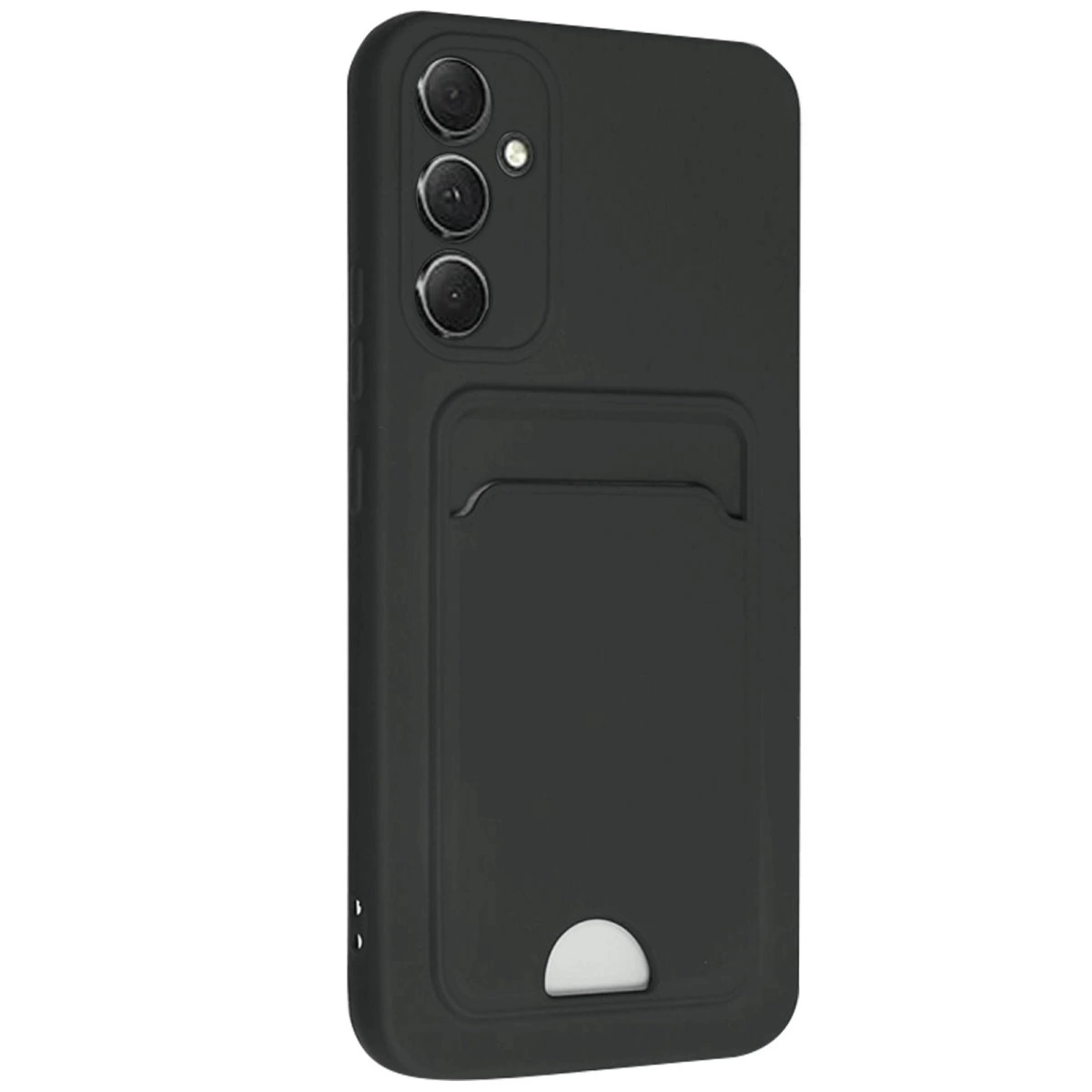 Kart yuvalı ve üstte üç kamera lensli siyah telefon kılıfı.