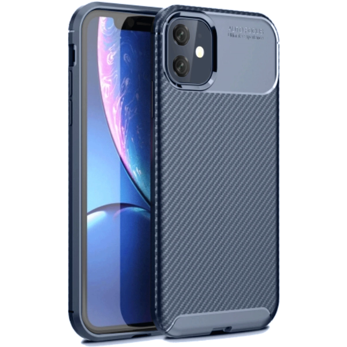 Karbon fiber desenli ve kamera kesimli koyu iPhone kılıfı.