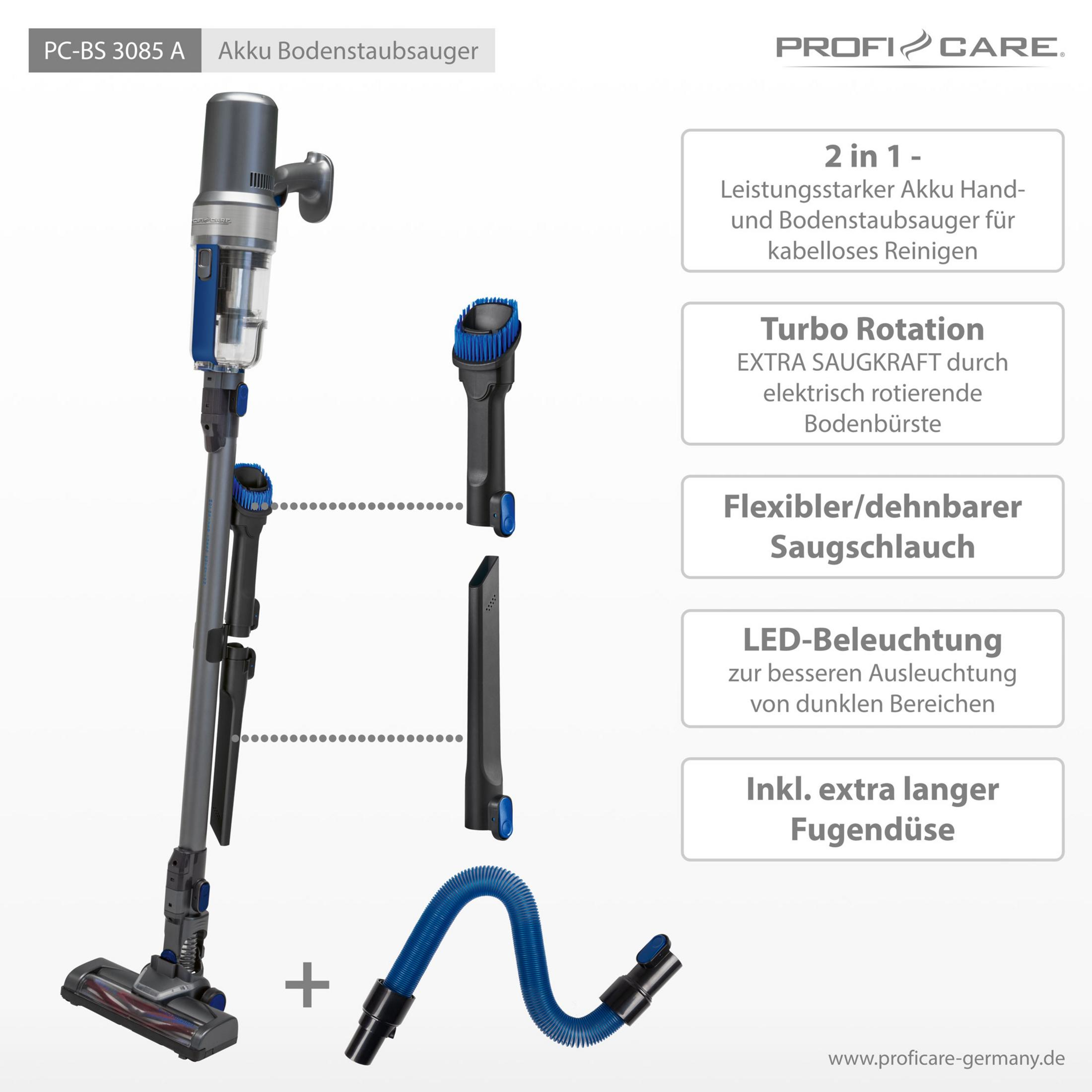 Odkurzacz akumulatorowy z akcesoriami: ręczny, ssawka podłogowa, wąż i ssawka szczelinowa.