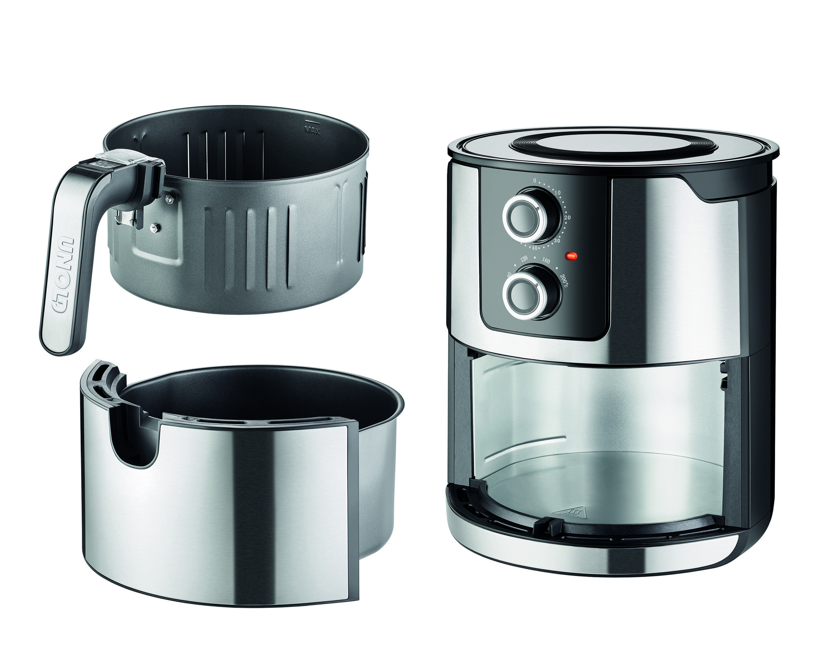 Zestaw srebrno-czarnej frytkownicy beztłuszczowej z dwoma koszami.