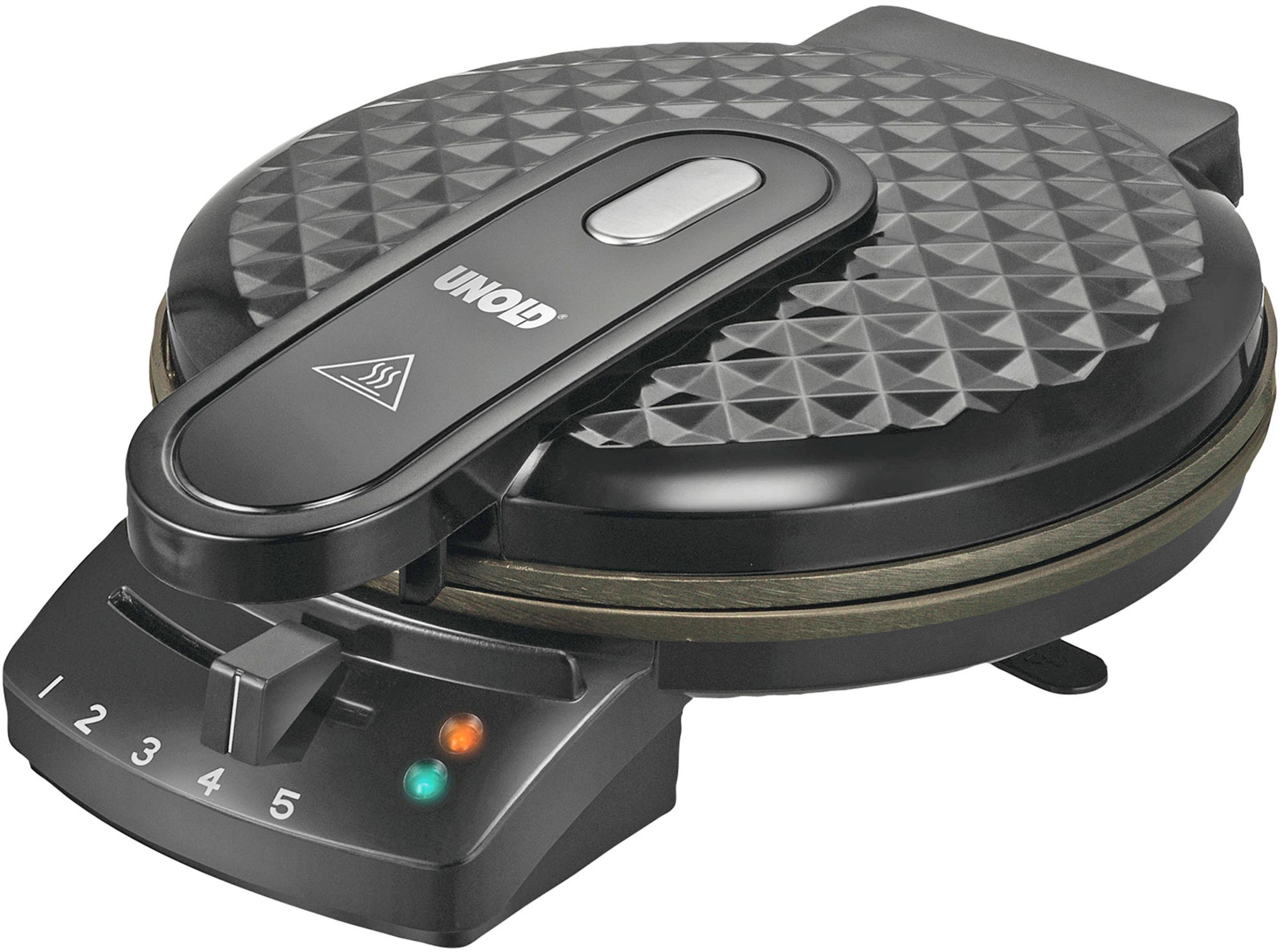 Czarna gofrownica z logo UNOLD i pokrętłem temperatury.