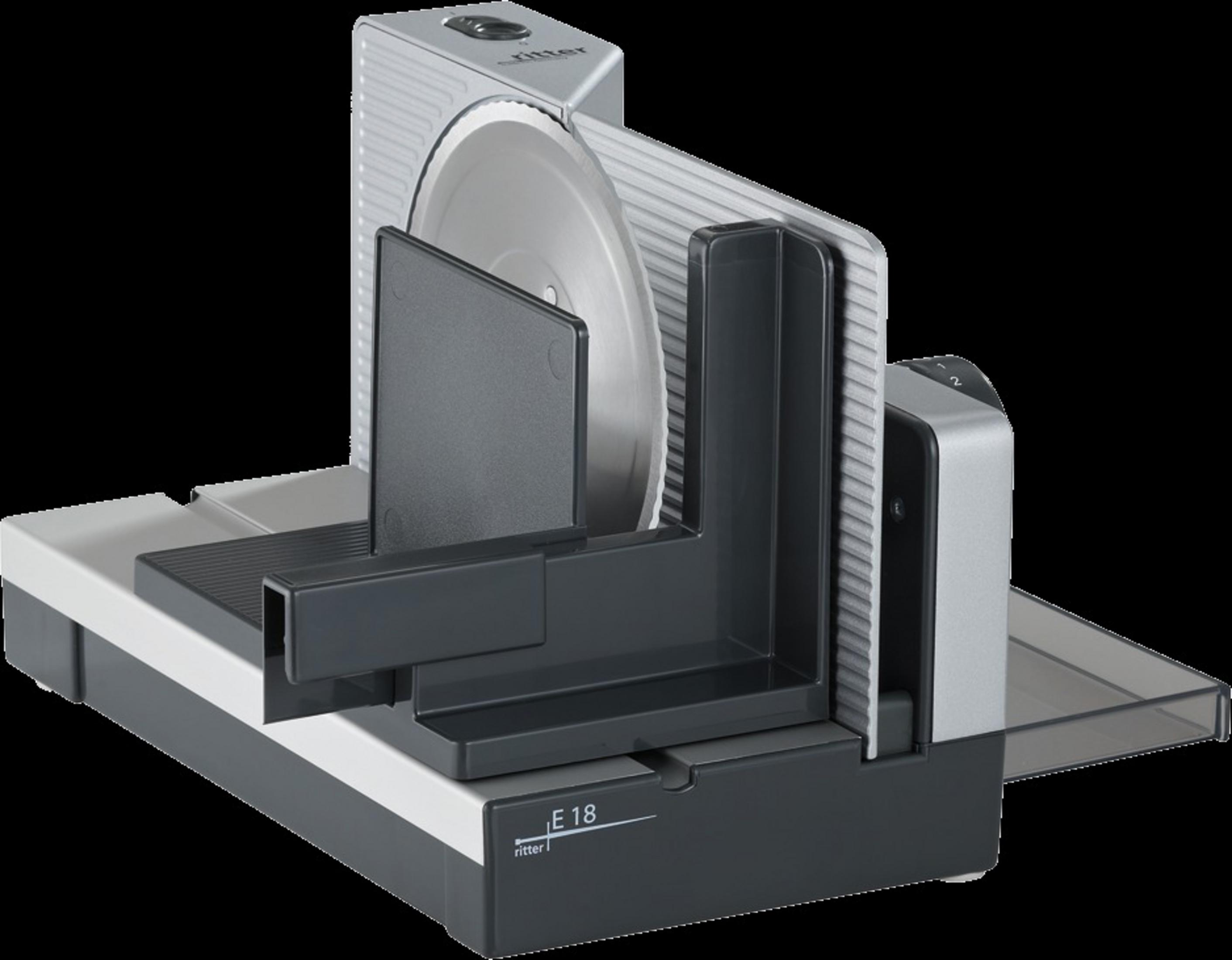 Srebrna i czarna elektryczna krajalnica z okrągłym ostrzem.