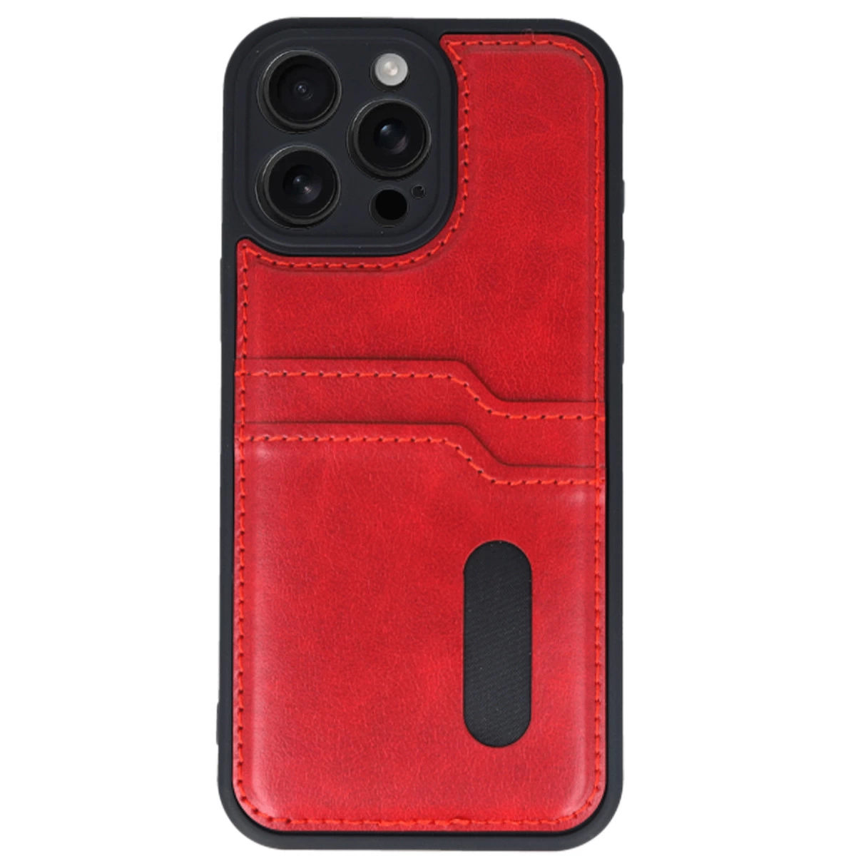 Kamera oyuntulu kırmızı telefon kılıfı ve kart yuvaları.