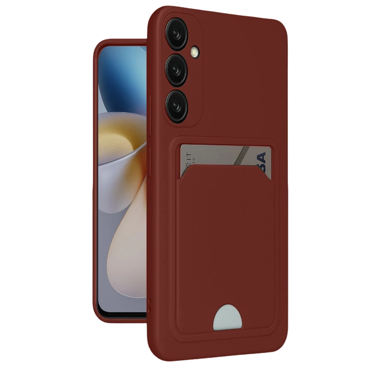 Kırmızı telefon kılıfı, kart yuvalı ve arkada üç kamera lensi.