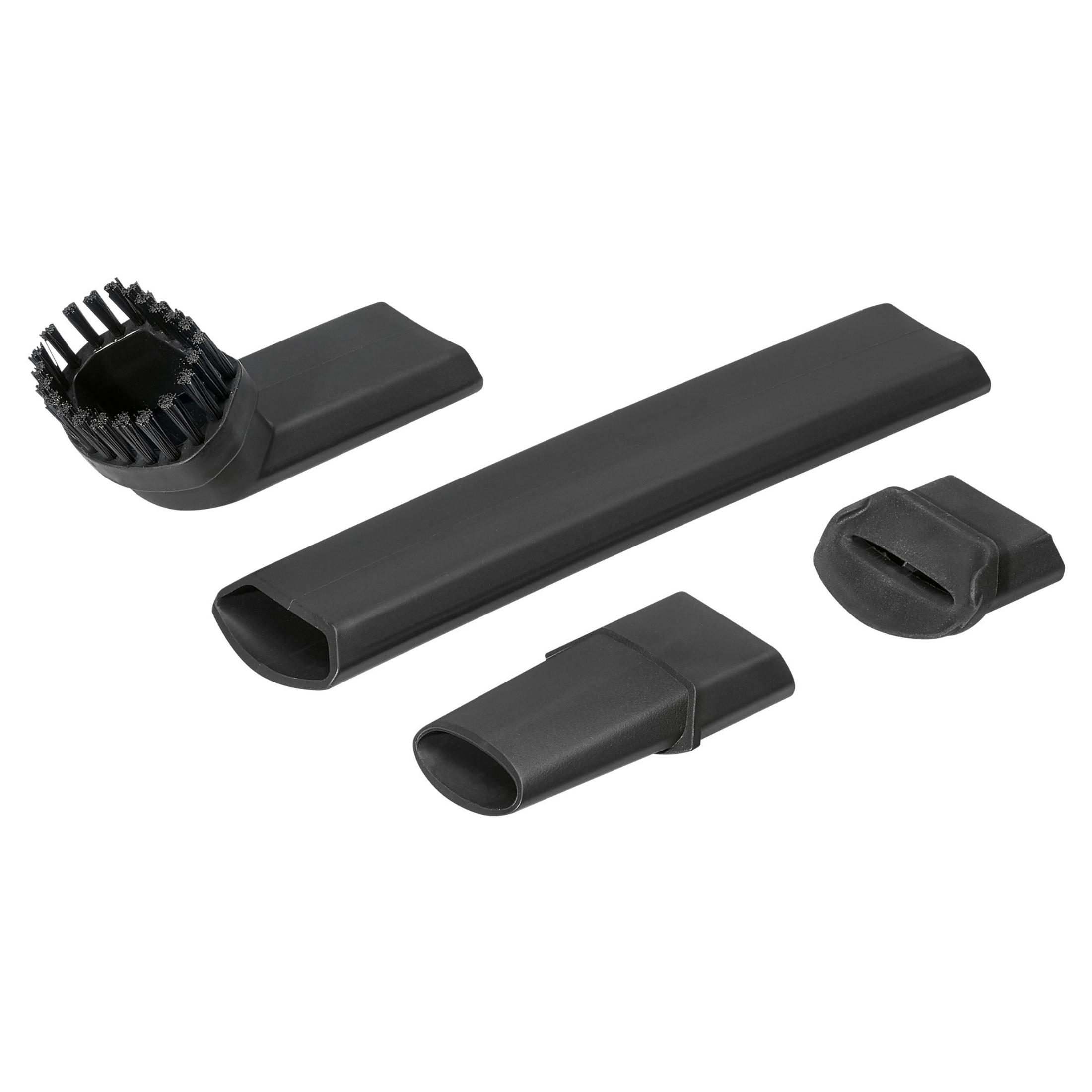 Cztery czarne nasadki do odkurzacza, w tym szczotka i trzy wąskie dysze.