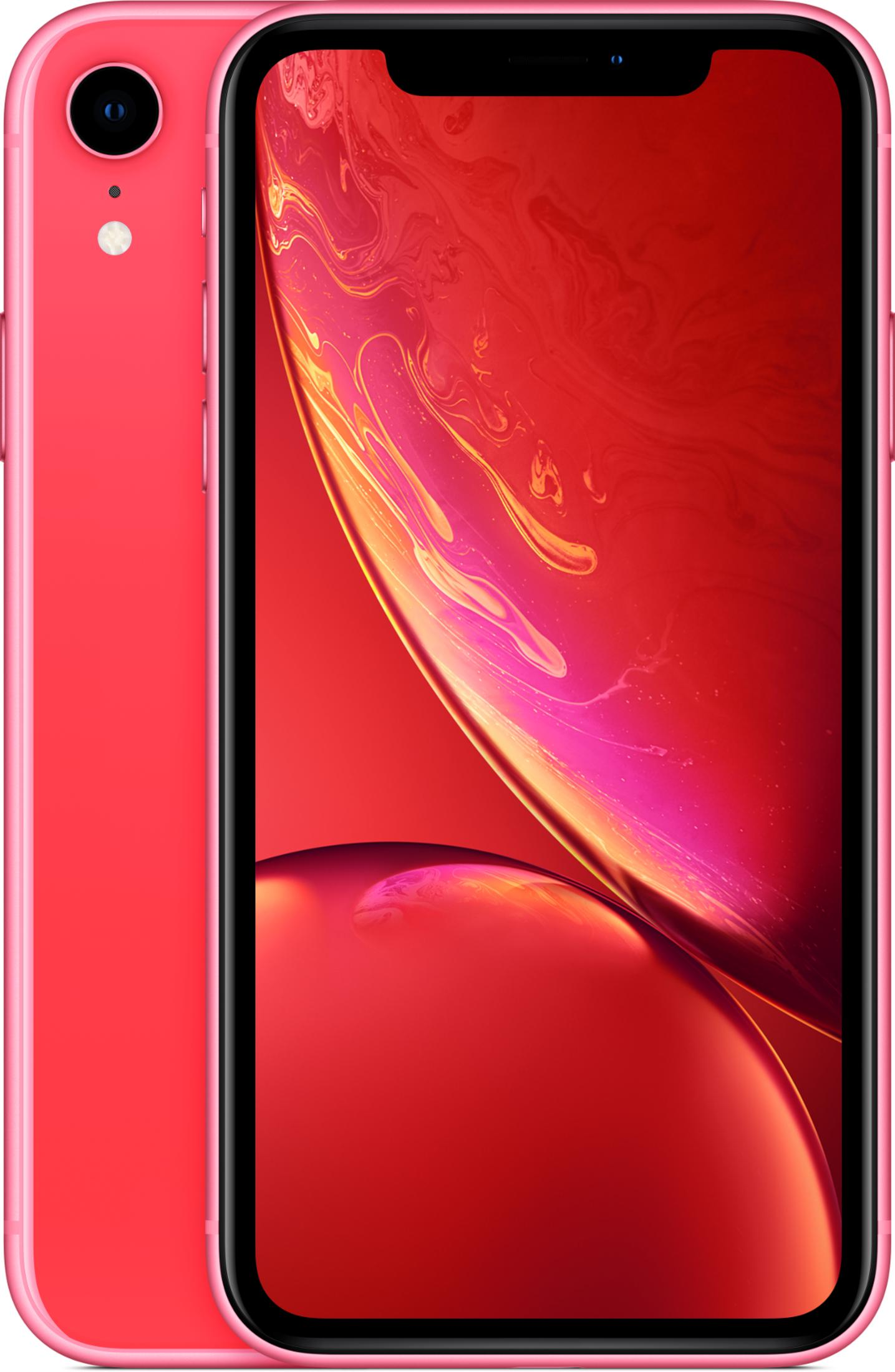 Een roze iPhone met rode achtergrond, één telefoon vooraan, een andere ernaast.